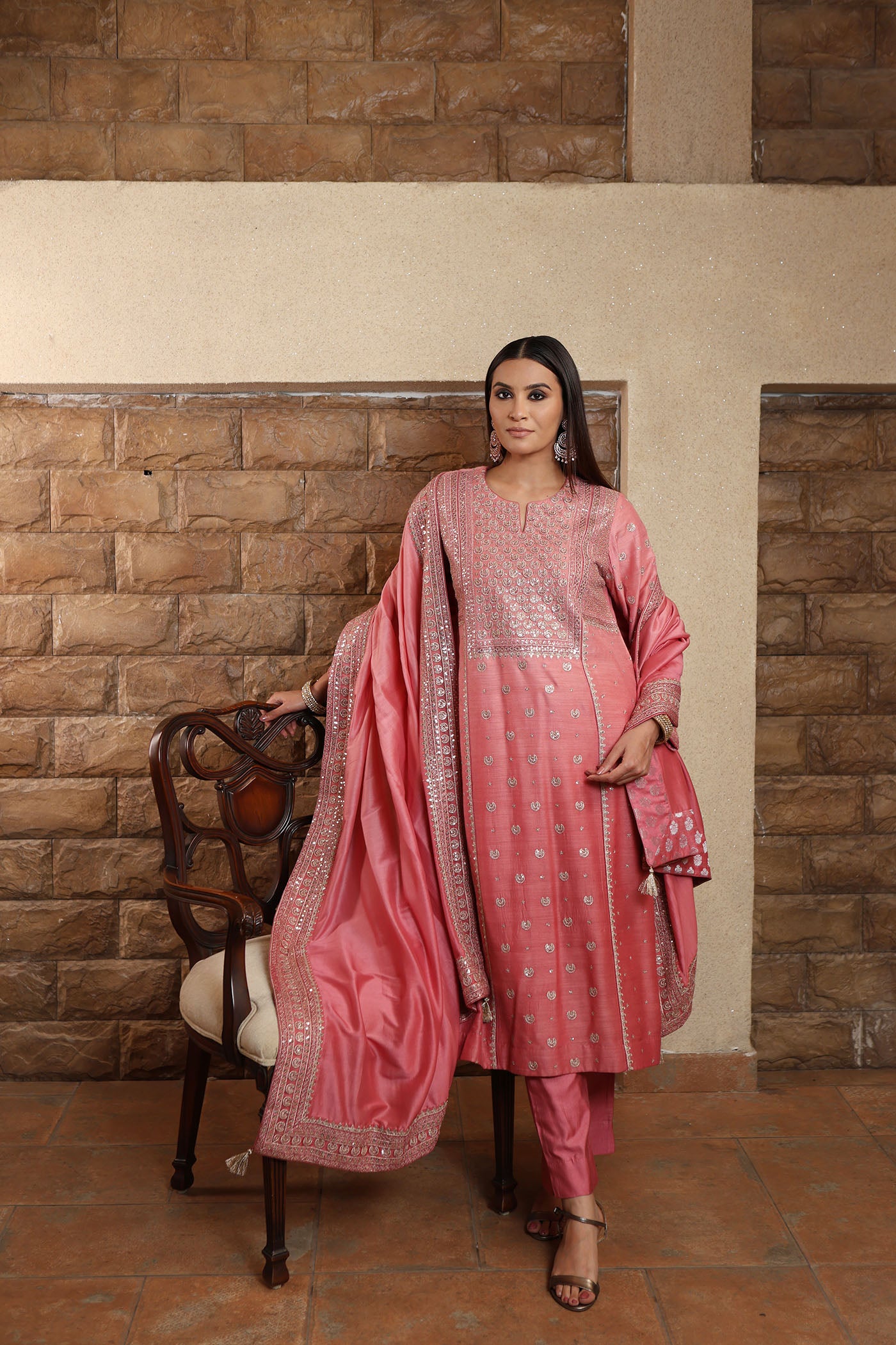 Old-Rose Ombre Chaand-Buta Embroidered Pure Muga-Silk Kurta-Pants Set