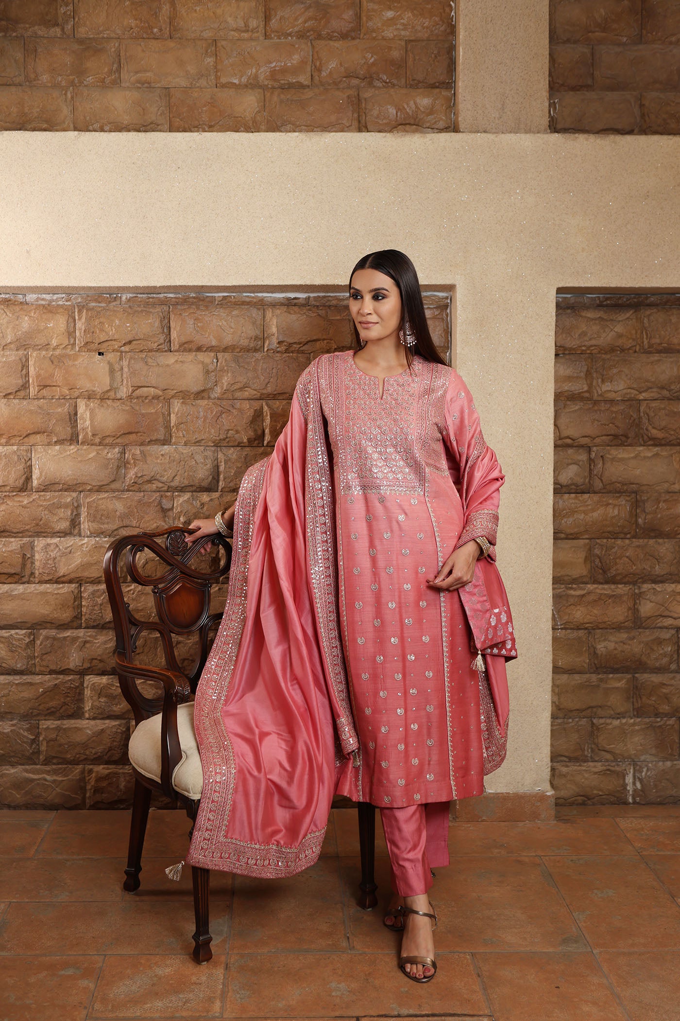Old-Rose Ombre Chaand-Buta Embroidered Pure Muga-Silk Kurta-Pants Set