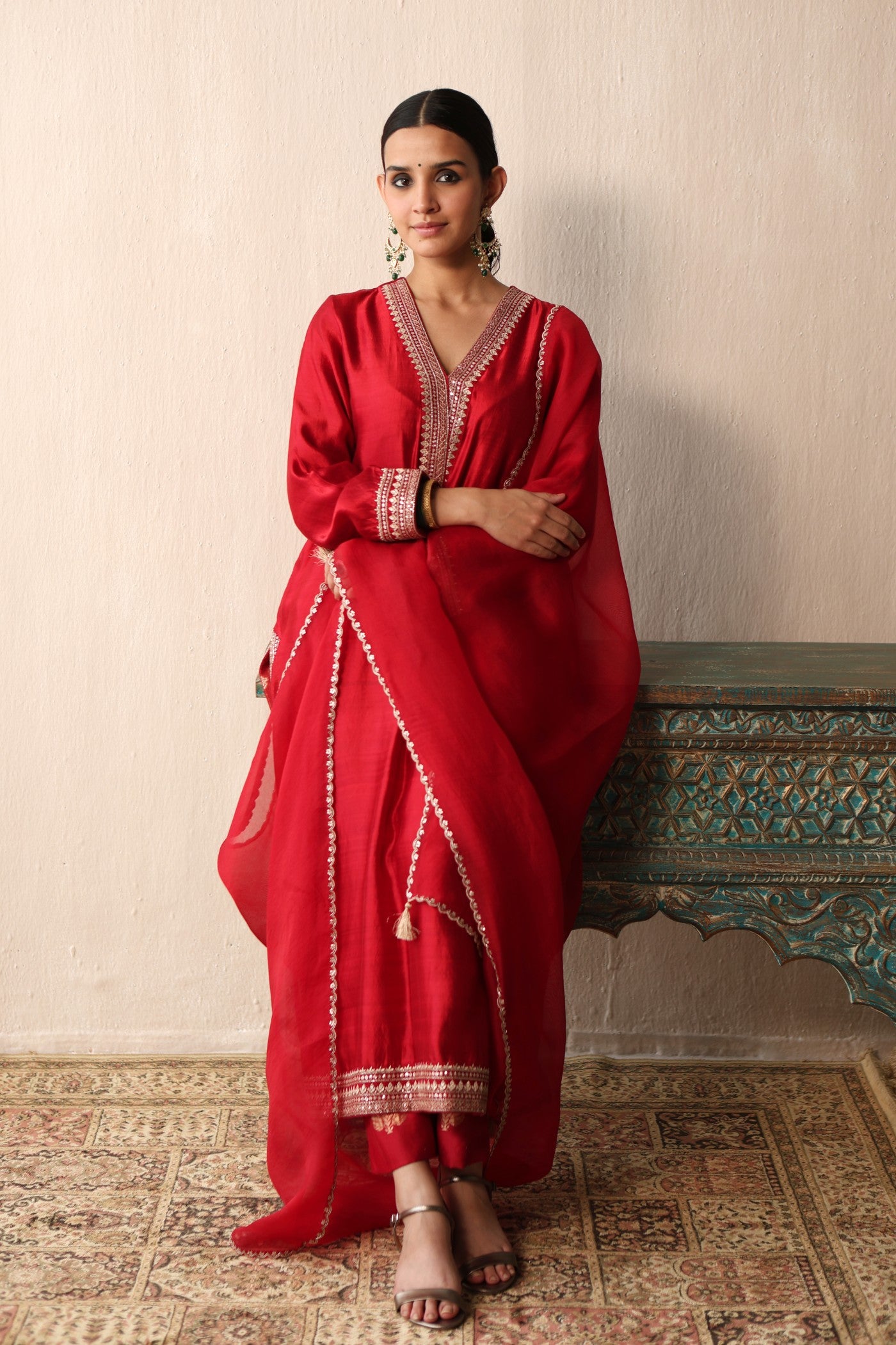 Bridal-Red Embroidered Pure Silk Kurta-Pants Set
