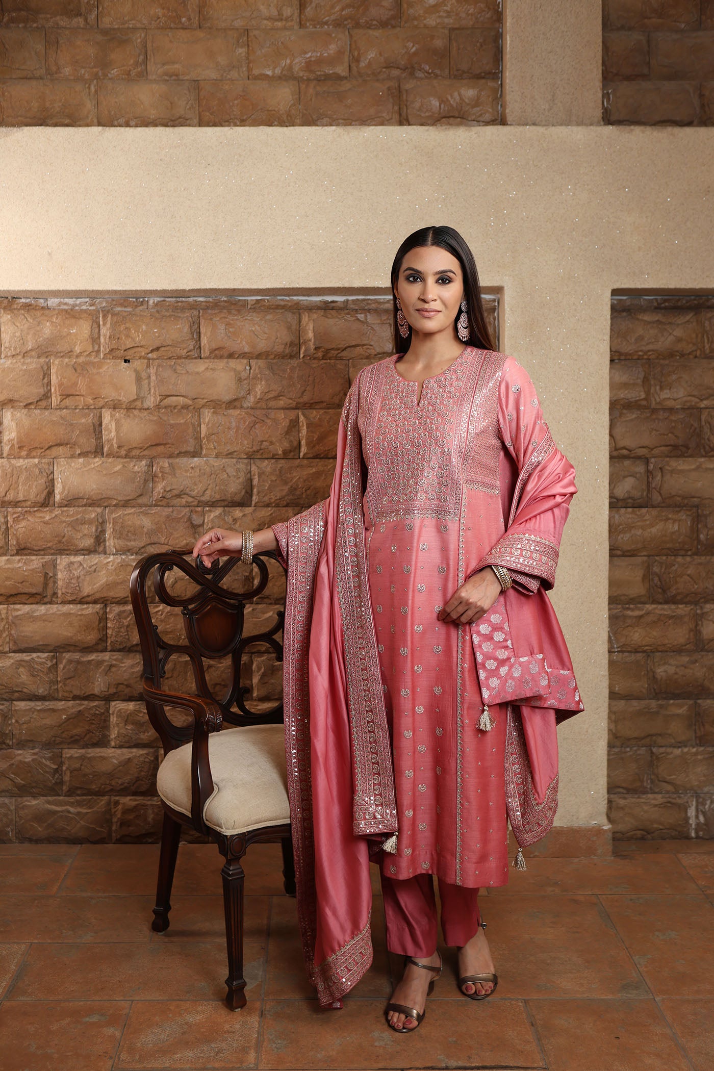 Old-Rose Ombre Chaand-Buta Embroidered Pure Muga-Silk Kurta-Pants Set