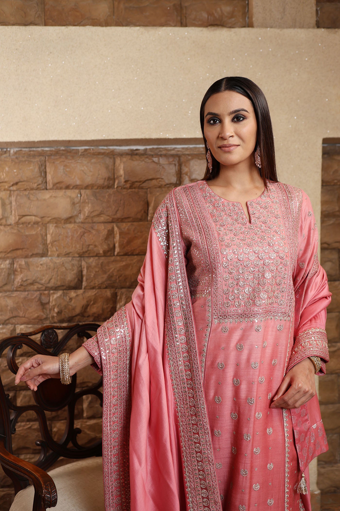 Old-Rose Ombre Chaand-Buta Embroidered Pure Muga-Silk Kurta-Pants Set