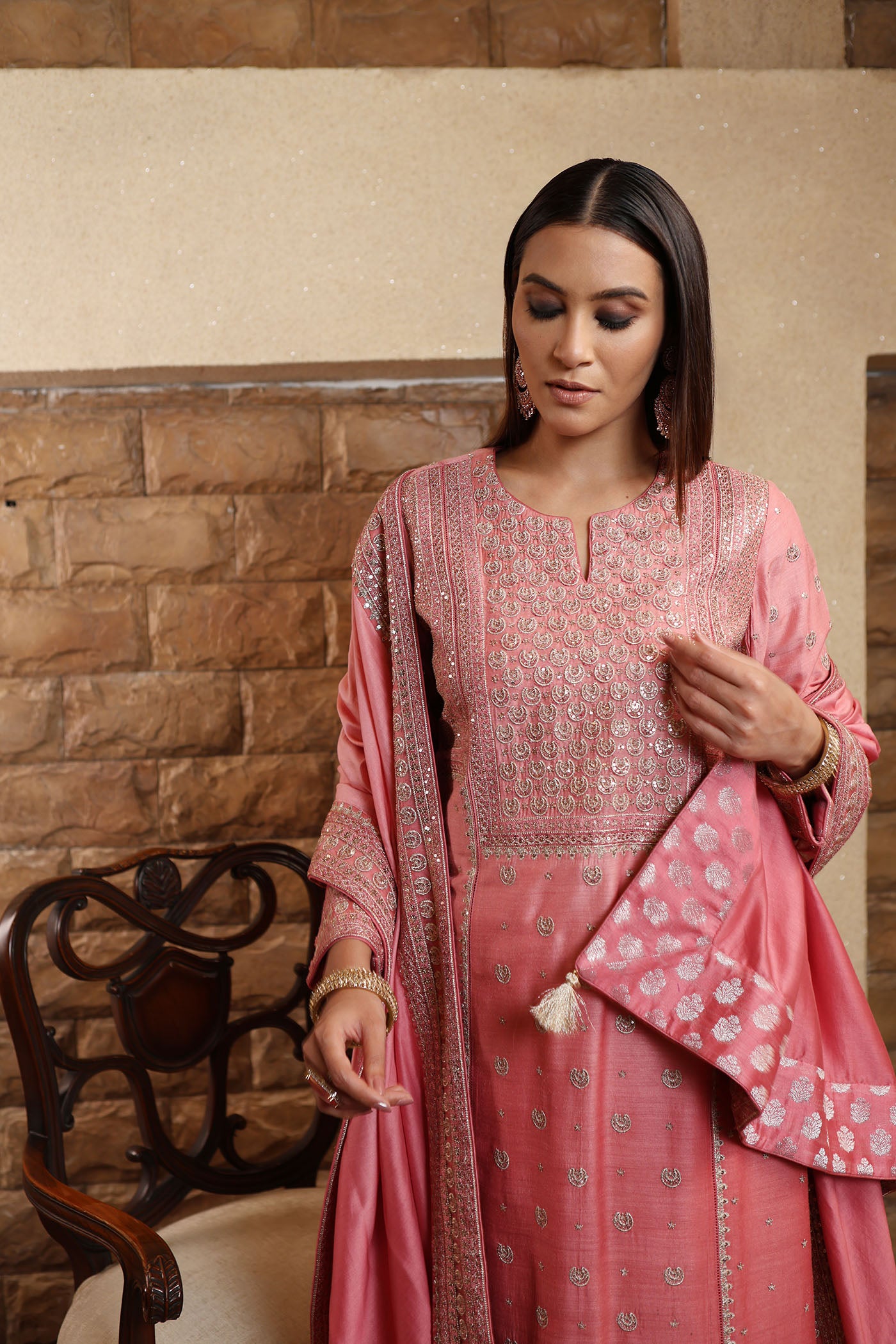 Old-Rose Ombre Chaand-Buta Embroidered Pure Muga-Silk Kurta-Pants Set