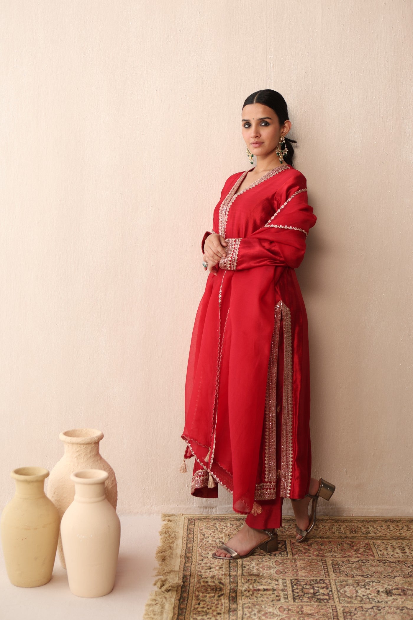 Bridal-Red Embroidered Pure Silk Kurta-Pants Set
