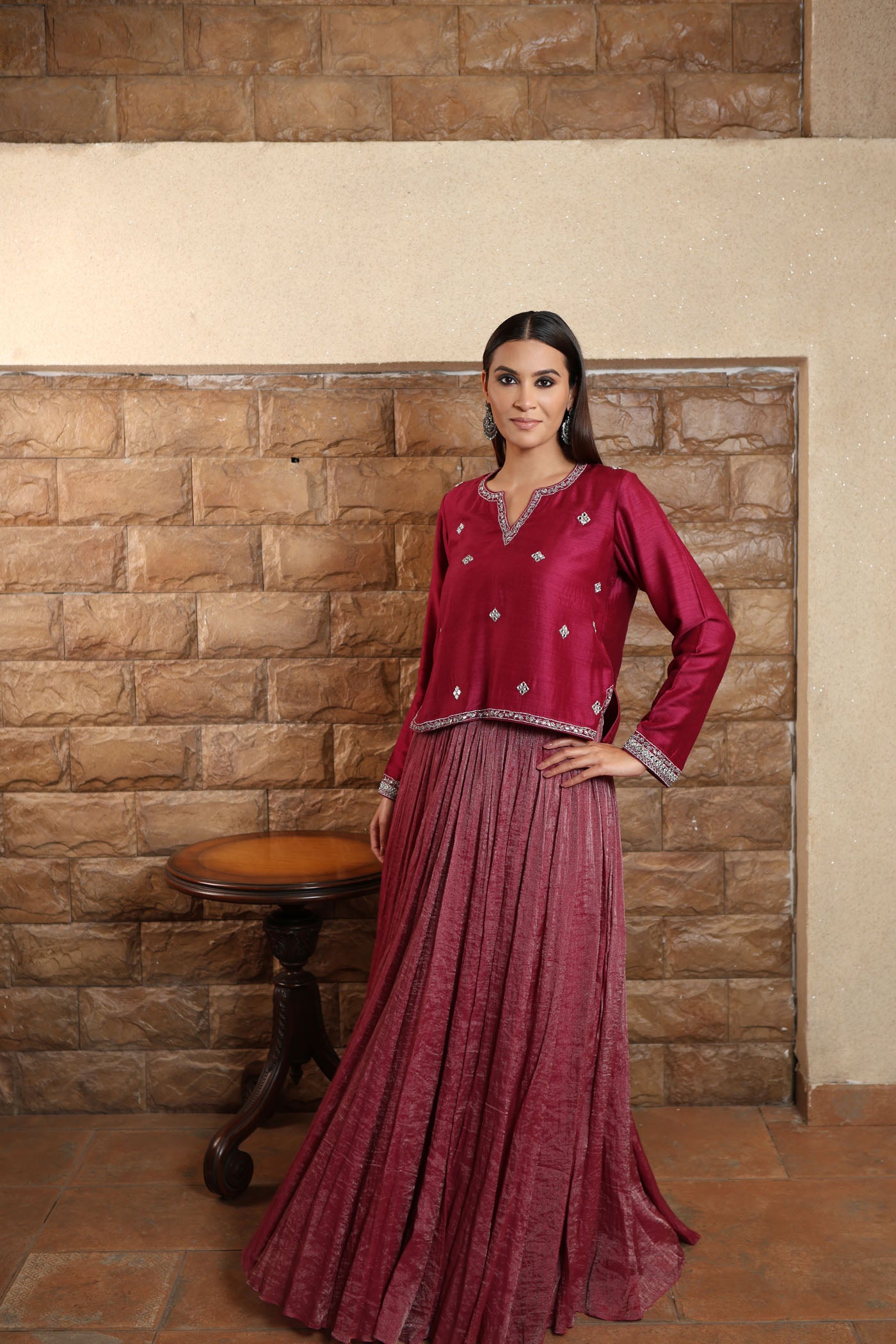 Wine-Coloured Hand-Embroidered Pure Muga-Silk Short-Kurta-Skirt Set