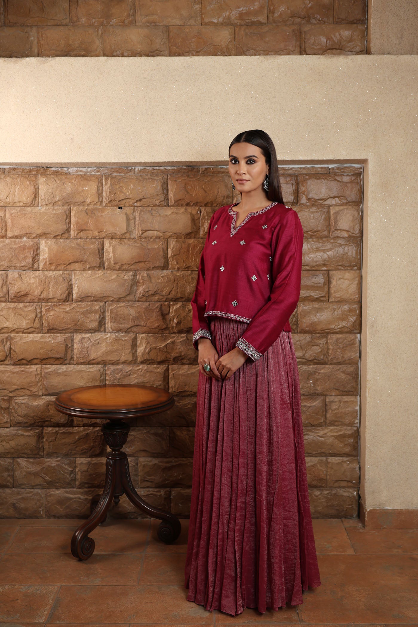 Wine-Coloured Hand-Embroidered Pure Muga-Silk Short-Kurta-Skirt Set
