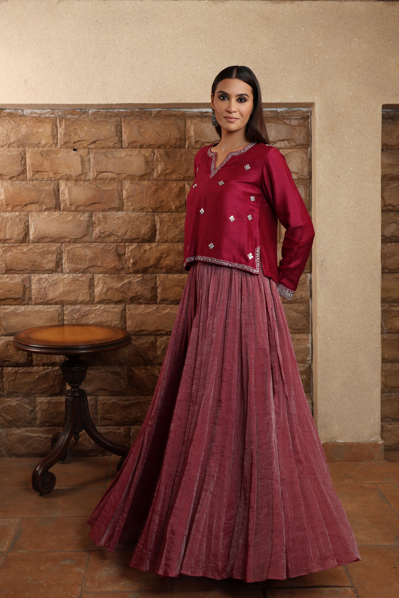 Wine-Coloured Hand-Embroidered Pure Muga-Silk Short-Kurta-Skirt Set