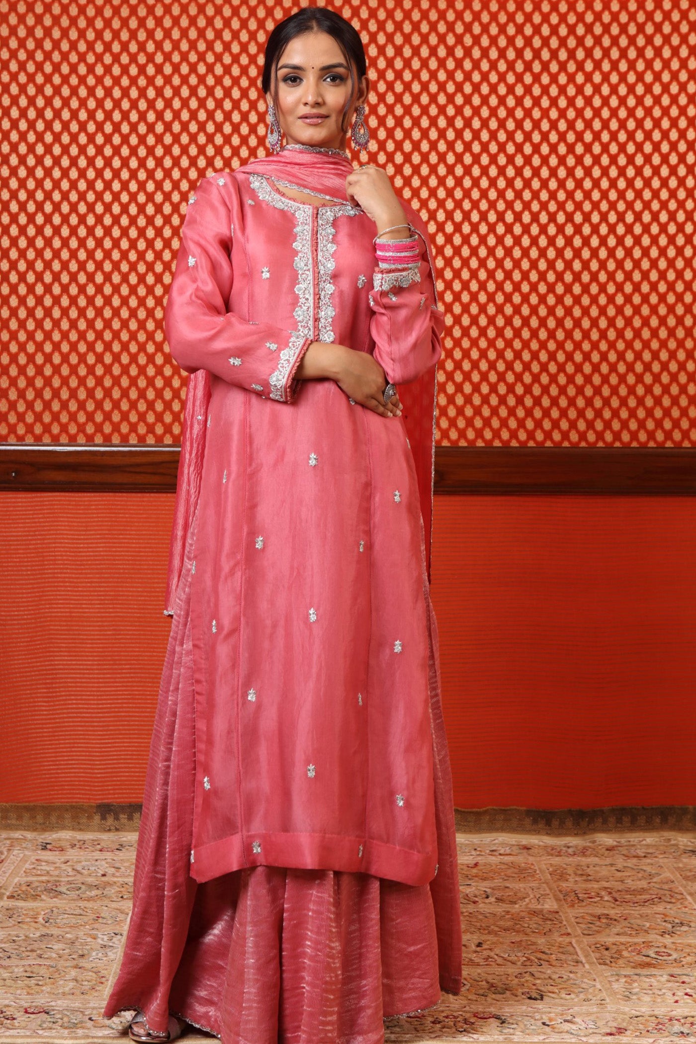 Hand Embroidered Dusty Candy Pink Pure Silk Organza Kurta Sharara Set