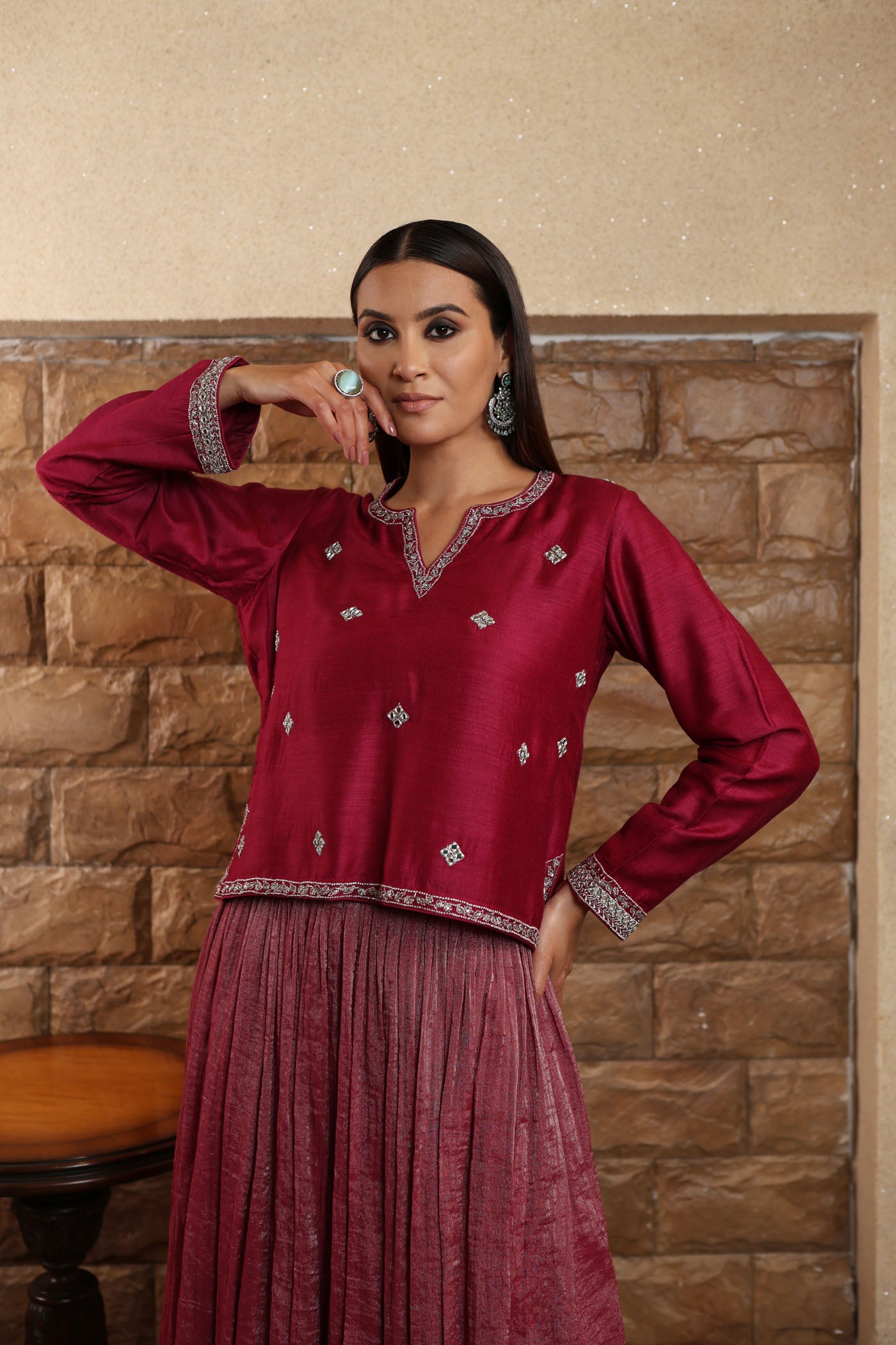 Wine-Coloured Hand-Embroidered Pure Muga-Silk Short-Kurta-Skirt Set