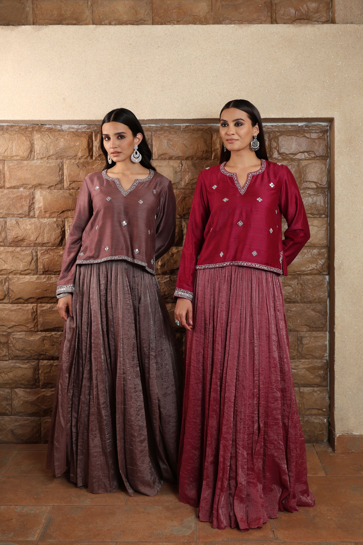 Wine-Coloured Hand-Embroidered Pure Muga-Silk Short-Kurta-Skirt Set