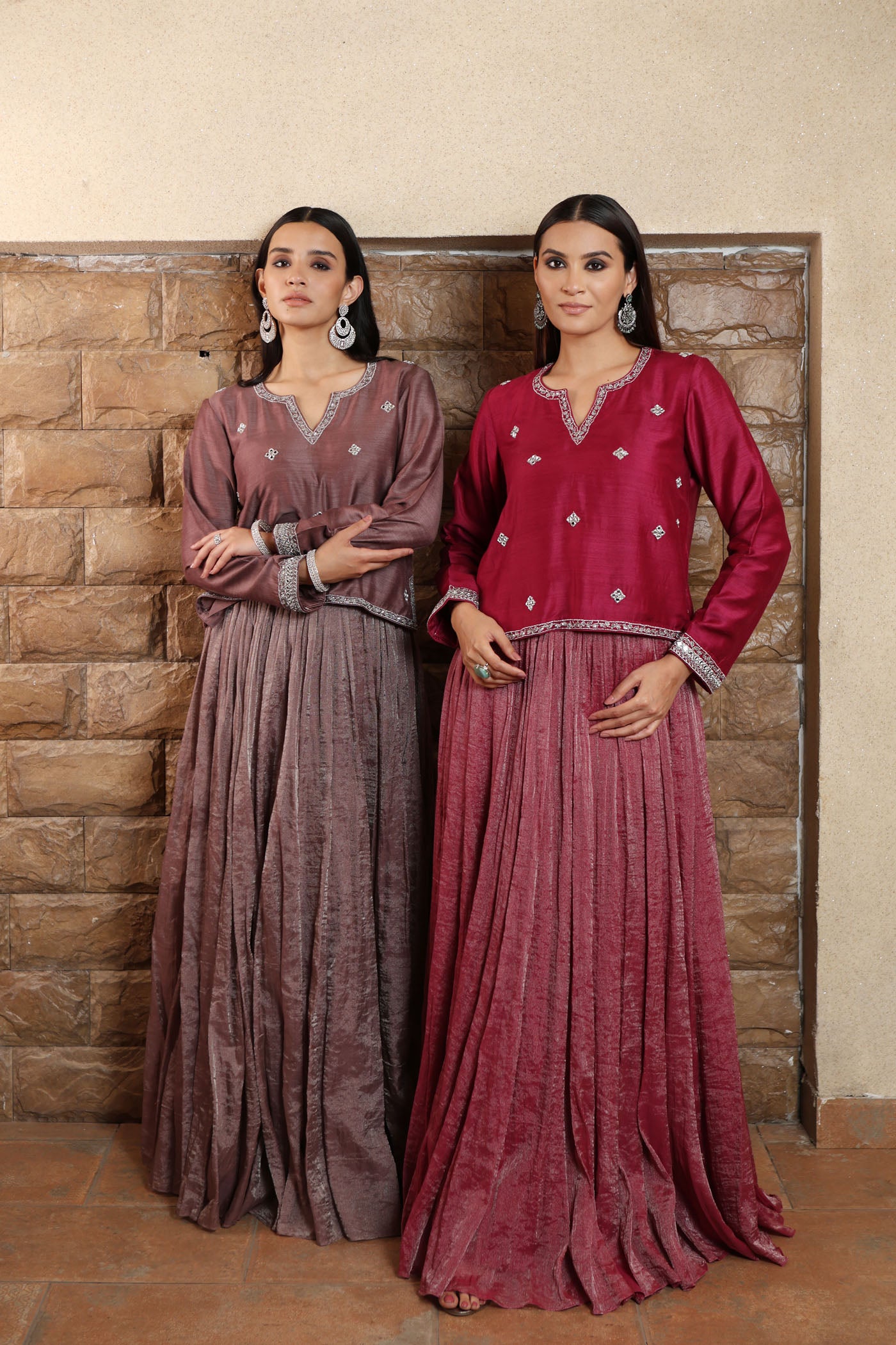 Grey-Purple Hand-Embroidered Pure Muga-Silk Short-Kurta-Skirt Set