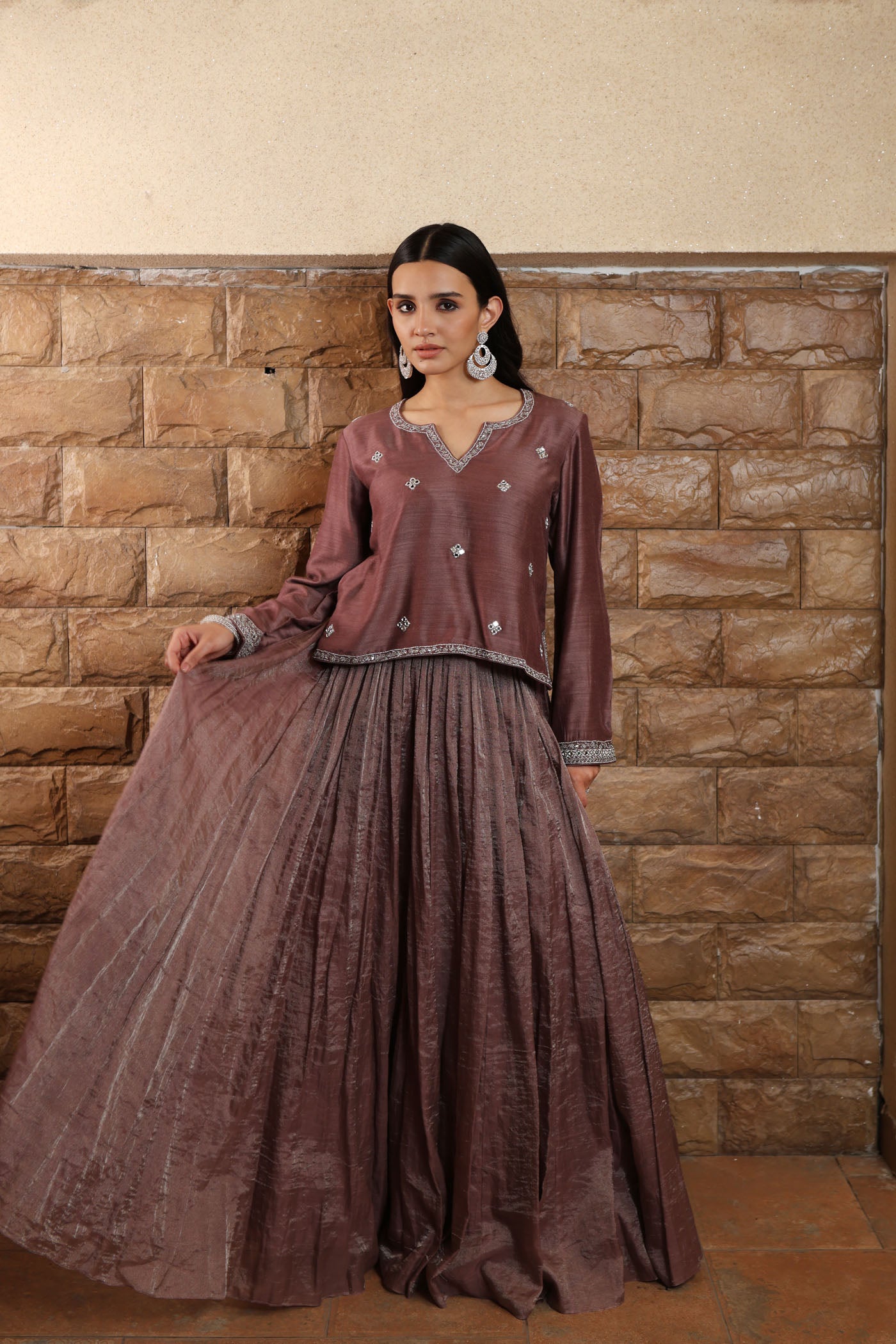 Grey-Purple Hand-Embroidered Pure Muga-Silk Short-Kurta-Skirt Set