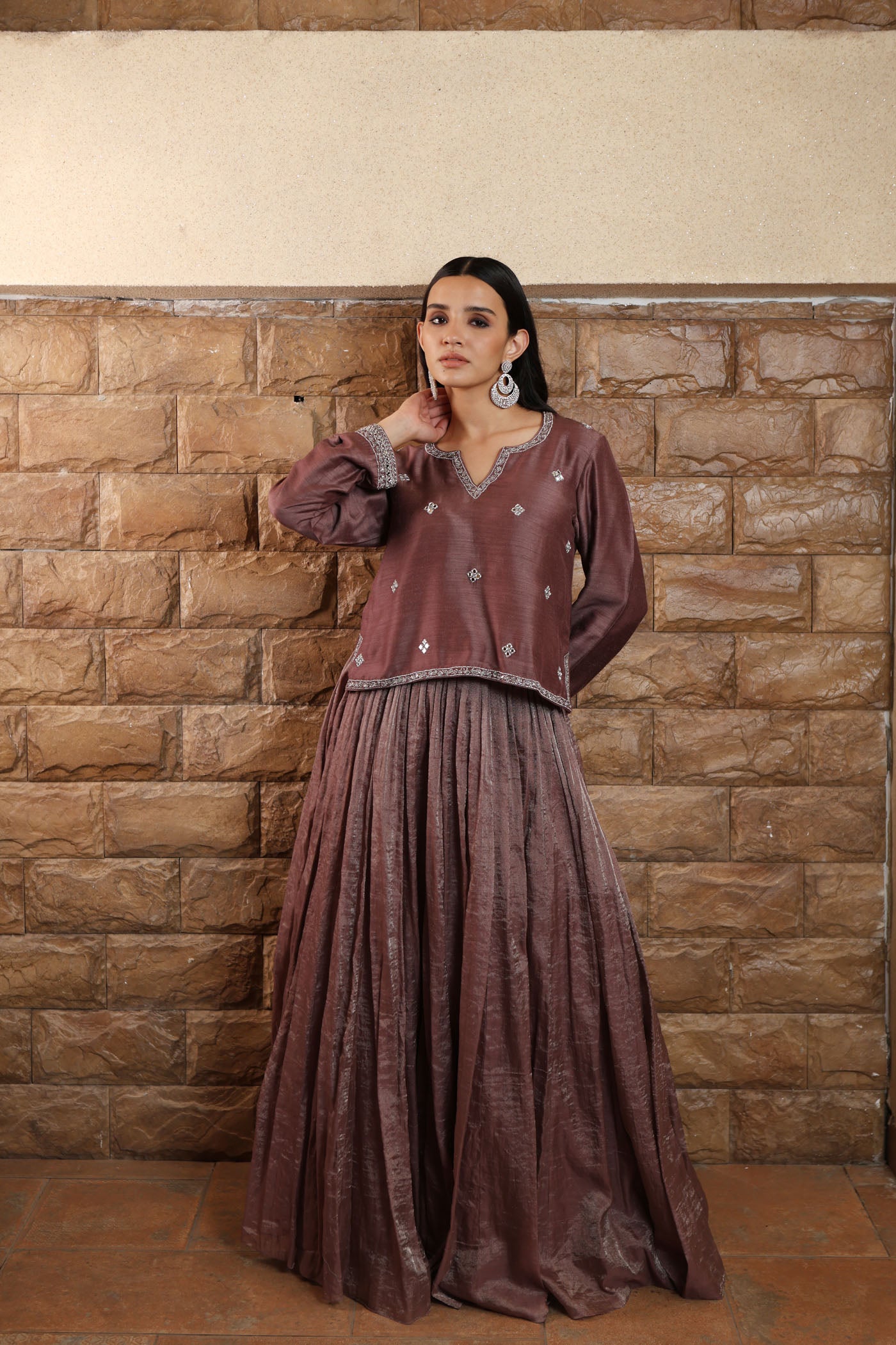 Grey-Purple Hand-Embroidered Pure Muga-Silk Short-Kurta-Skirt Set