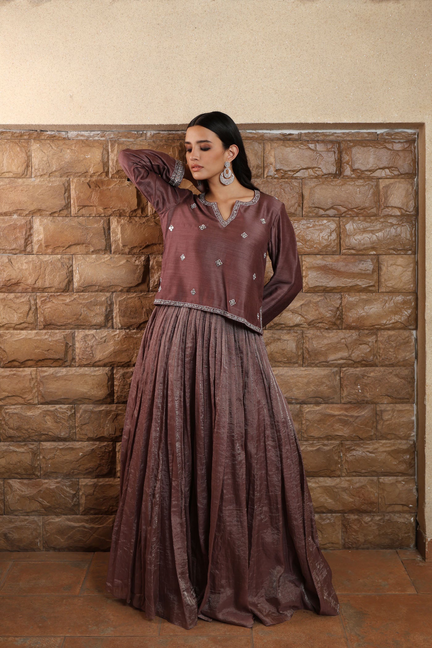 Grey-Purple Hand-Embroidered Pure Muga-Silk Short-Kurta-Skirt Set