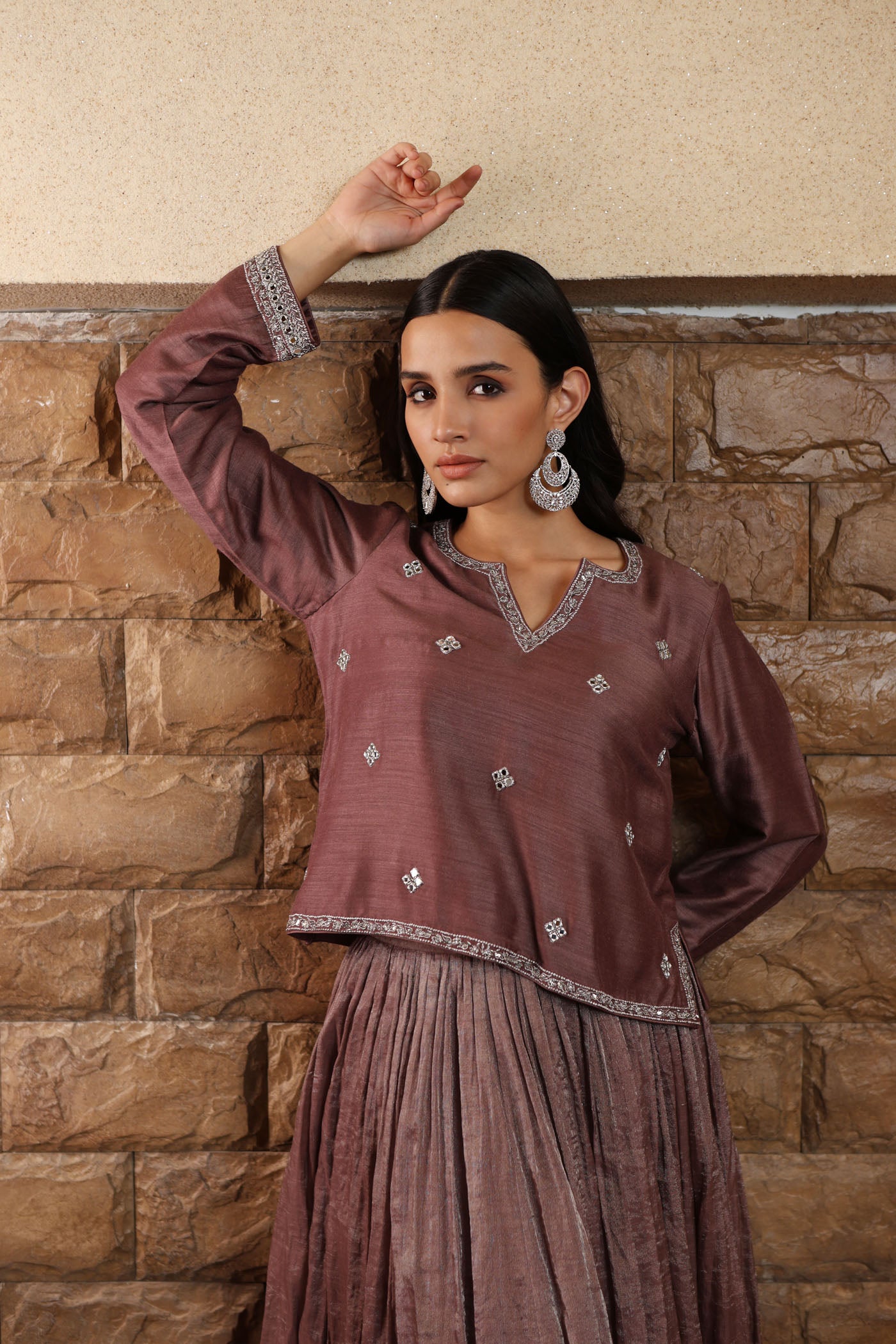 Grey-Purple Hand-Embroidered Pure Muga-Silk Short-Kurta-Skirt Set