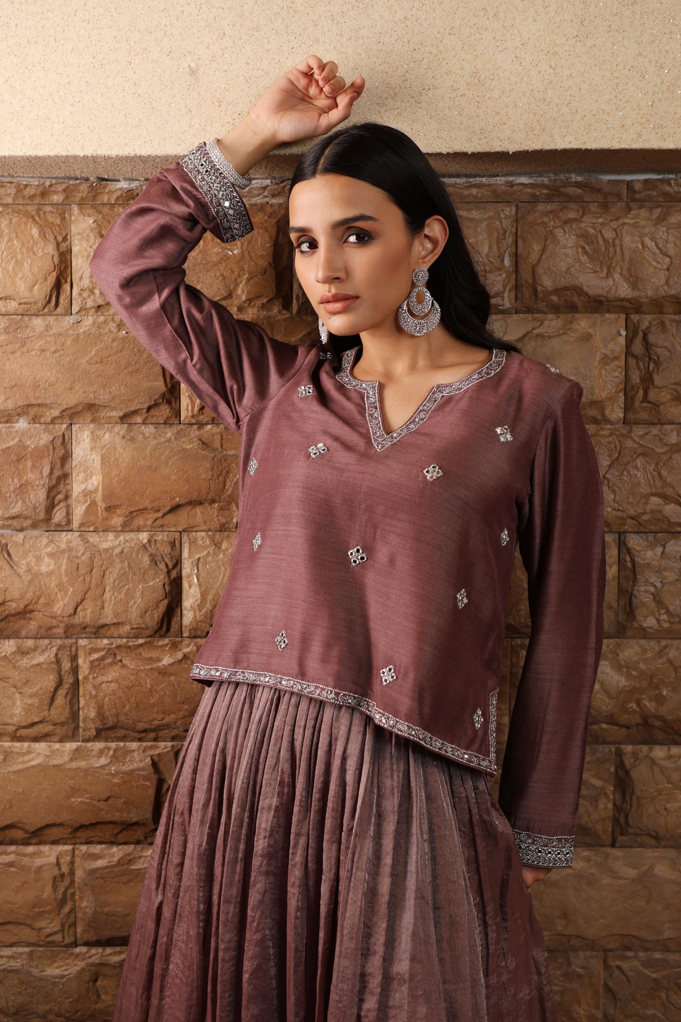 Grey-Purple Hand-Embroidered Pure Muga-Silk Short-Kurta-Skirt Set