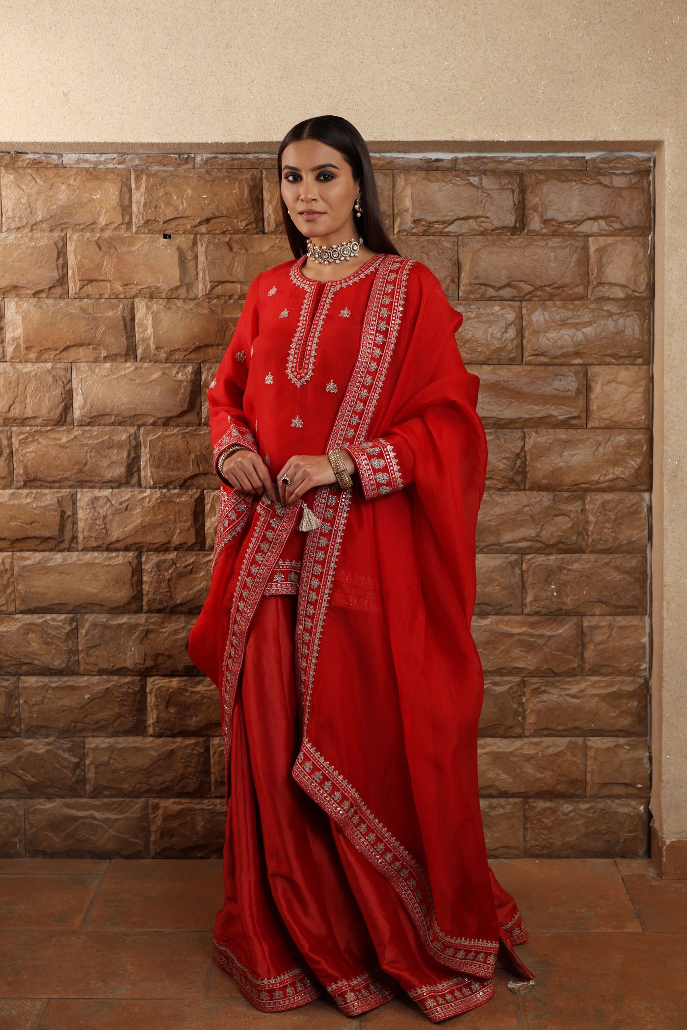 Red Hand-Embroidered Pure Silk-Organza Short-Kurta-Sharara Set Paired With Pure Silk-Organza Dupatta