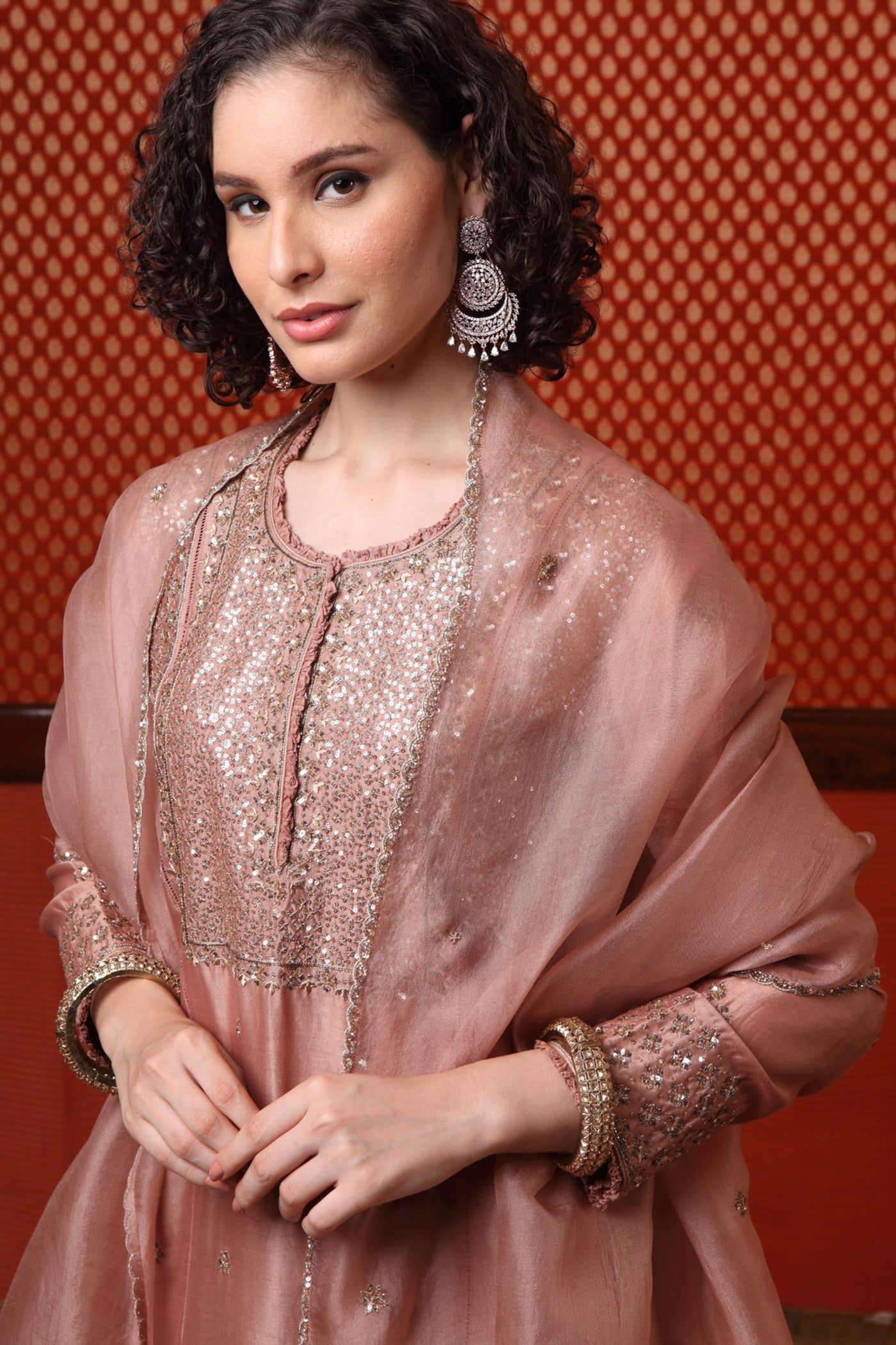 Hand Embroidered Rose Brown Pure Cotton Silk Kurta Pants Set