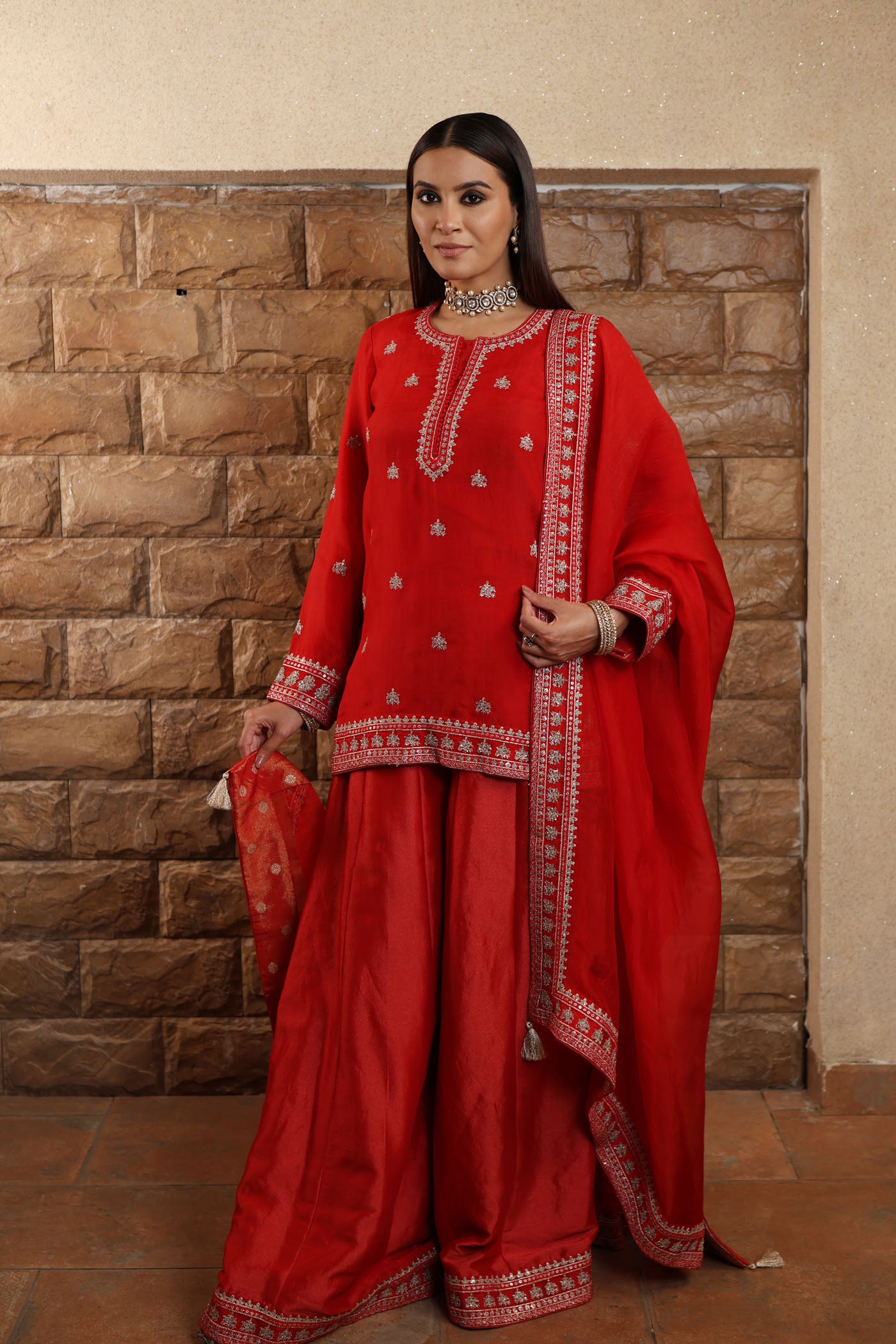 Red Hand-Embroidered Pure Silk-Organza Short-Kurta-Sharara Set Paired With Pure Silk-Organza Dupatta