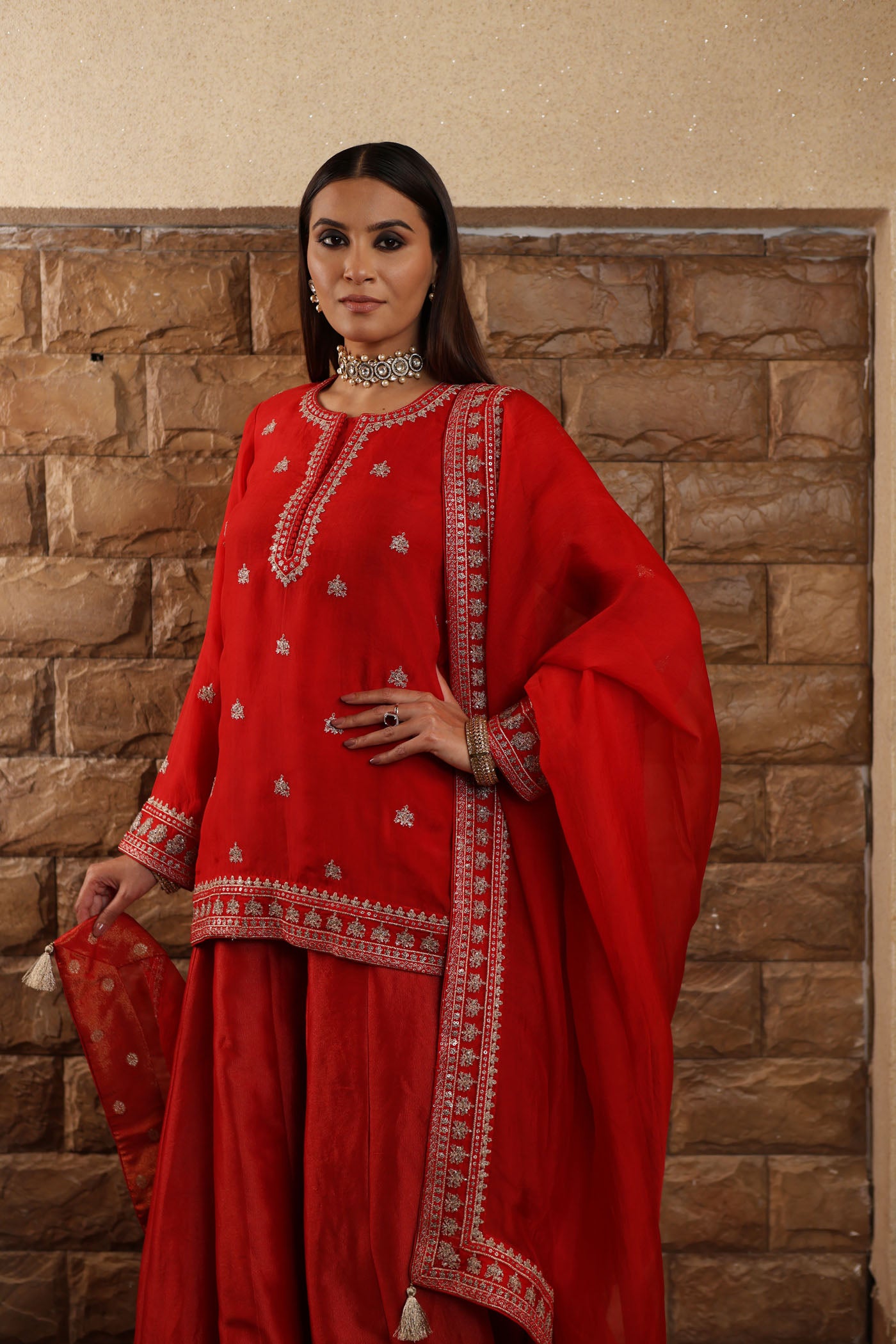 Red Hand-Embroidered Pure Silk-Organza Short-Kurta-Sharara Set Paired With Pure Silk-Organza Dupatta