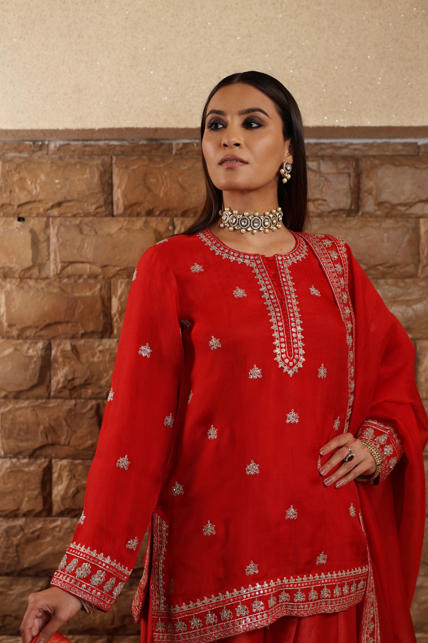 Red Hand-Embroidered Pure Silk-Organza Short-Kurta-Sharara Set Paired With Pure Silk-Organza Dupatta