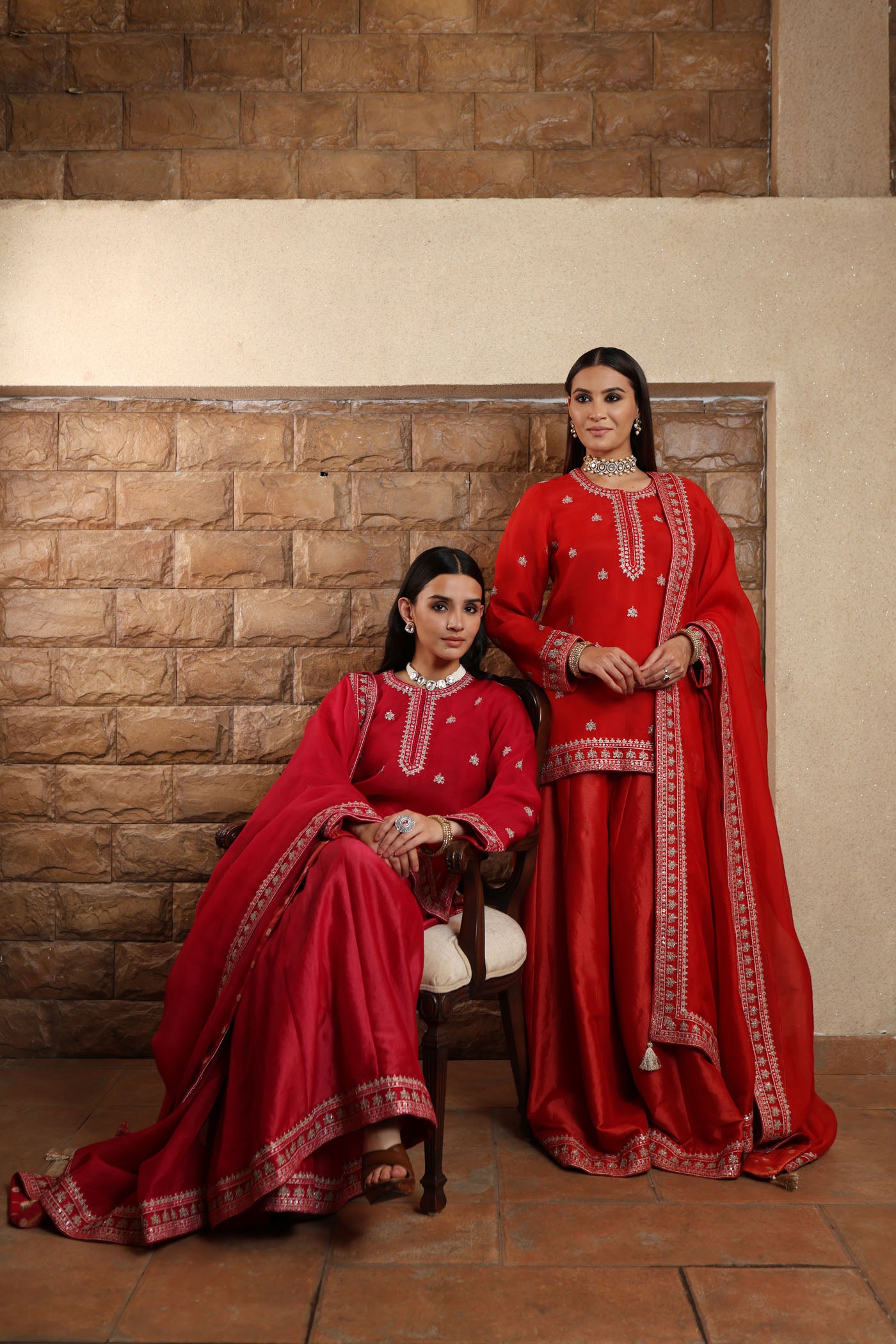 Red Hand-Embroidered Pure Silk-Organza Short-Kurta-Sharara Set Paired With Pure Silk-Organza Dupatta