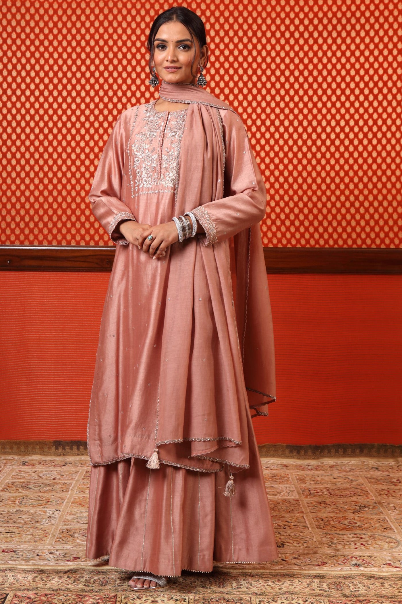 Hand Embroidered Bubblegum Pink Pure Katan Silk Kurta Sharara Set