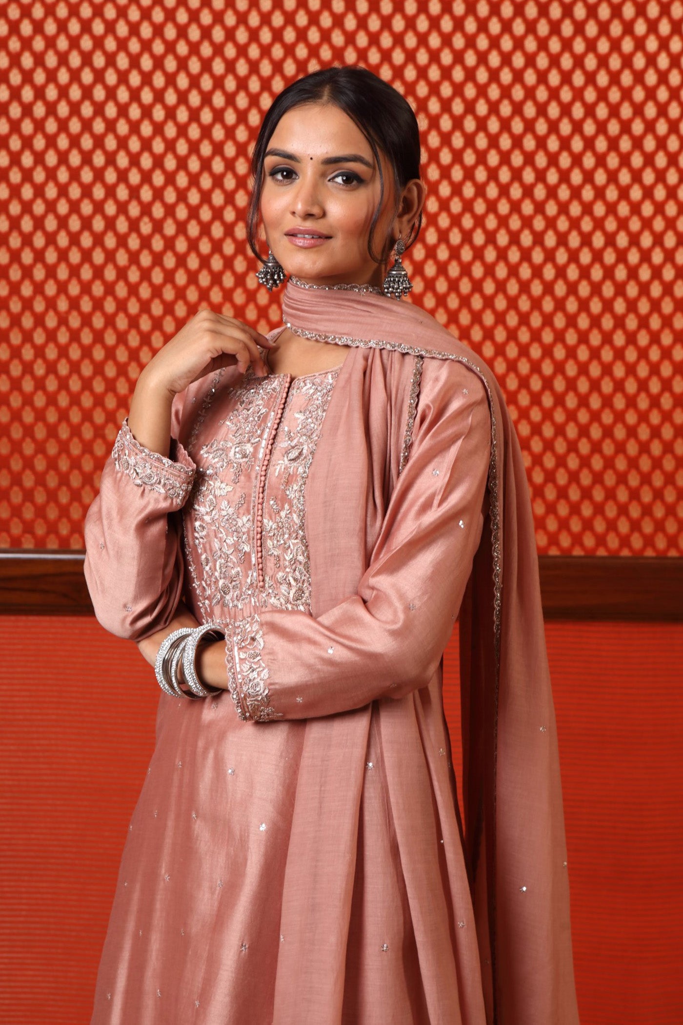 Hand Embroidered Bubblegum Pink Pure Katan Silk Kurta Sharara Set