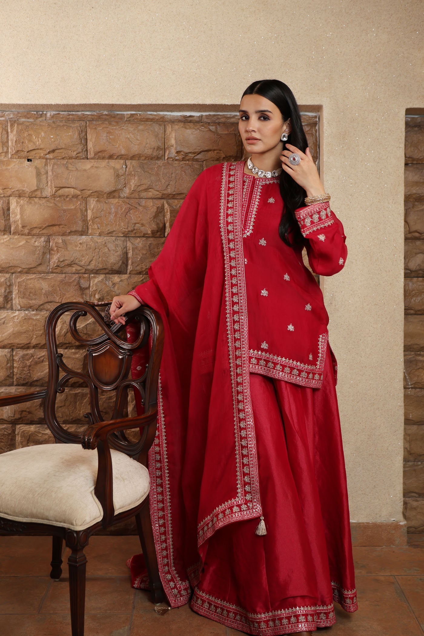 Rani-Pink Hand-Embroidered Pure Silk-Organza Short-Kurta-Sharara Set Paired With Pure Silk-Organza Dupatta
