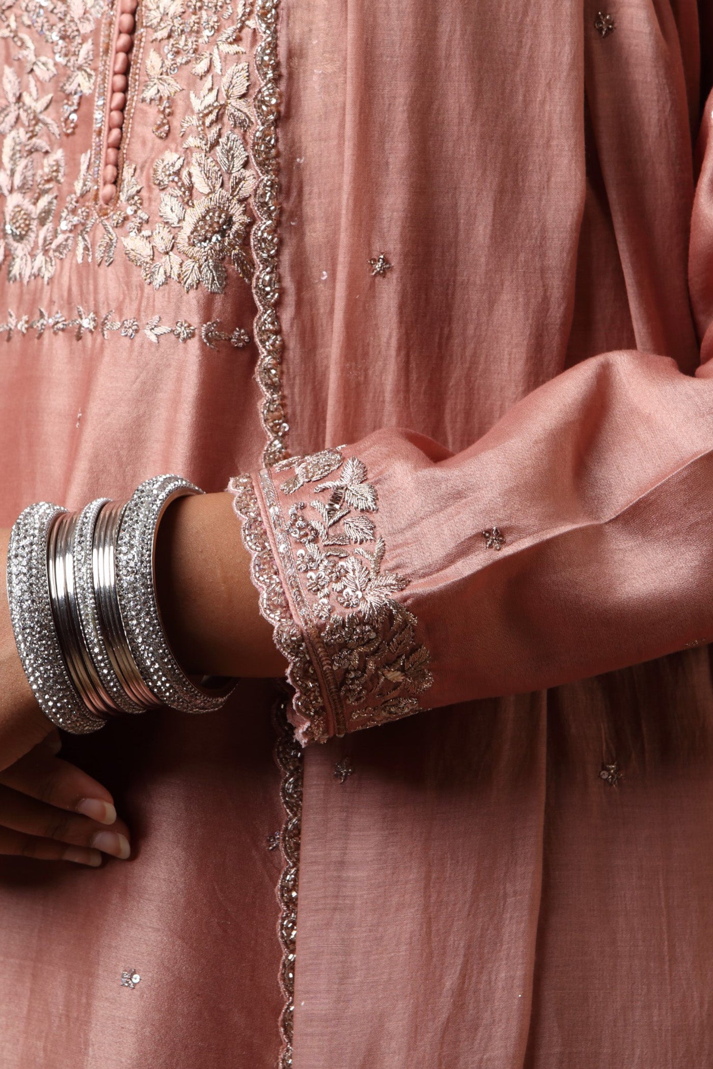 Hand Embroidered Bubblegum Pink Pure Katan Silk Kurta Sharara Set