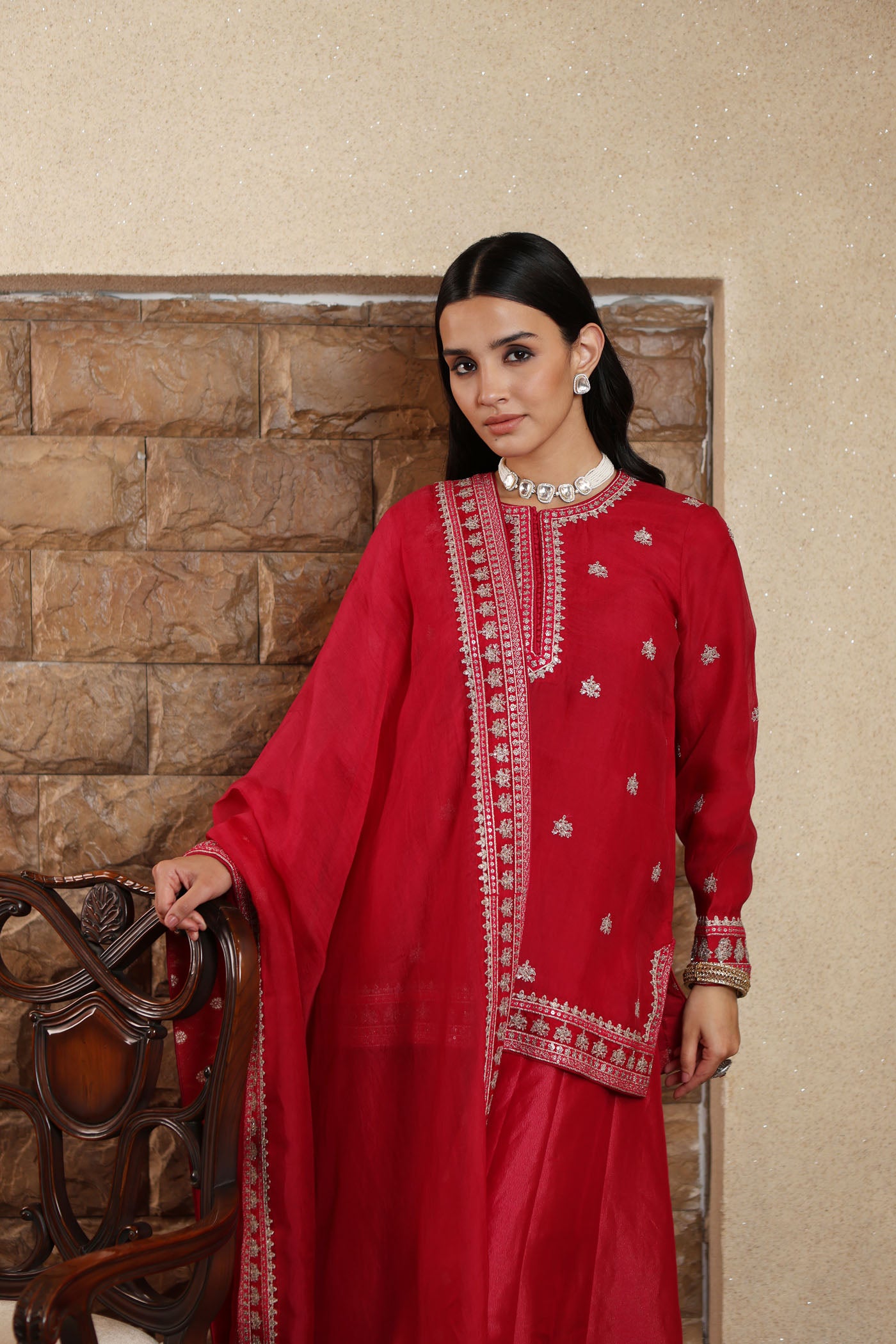 Rani-Pink Hand-Embroidered Pure Silk-Organza Short-Kurta-Sharara Set Paired With Pure Silk-Organza Dupatta