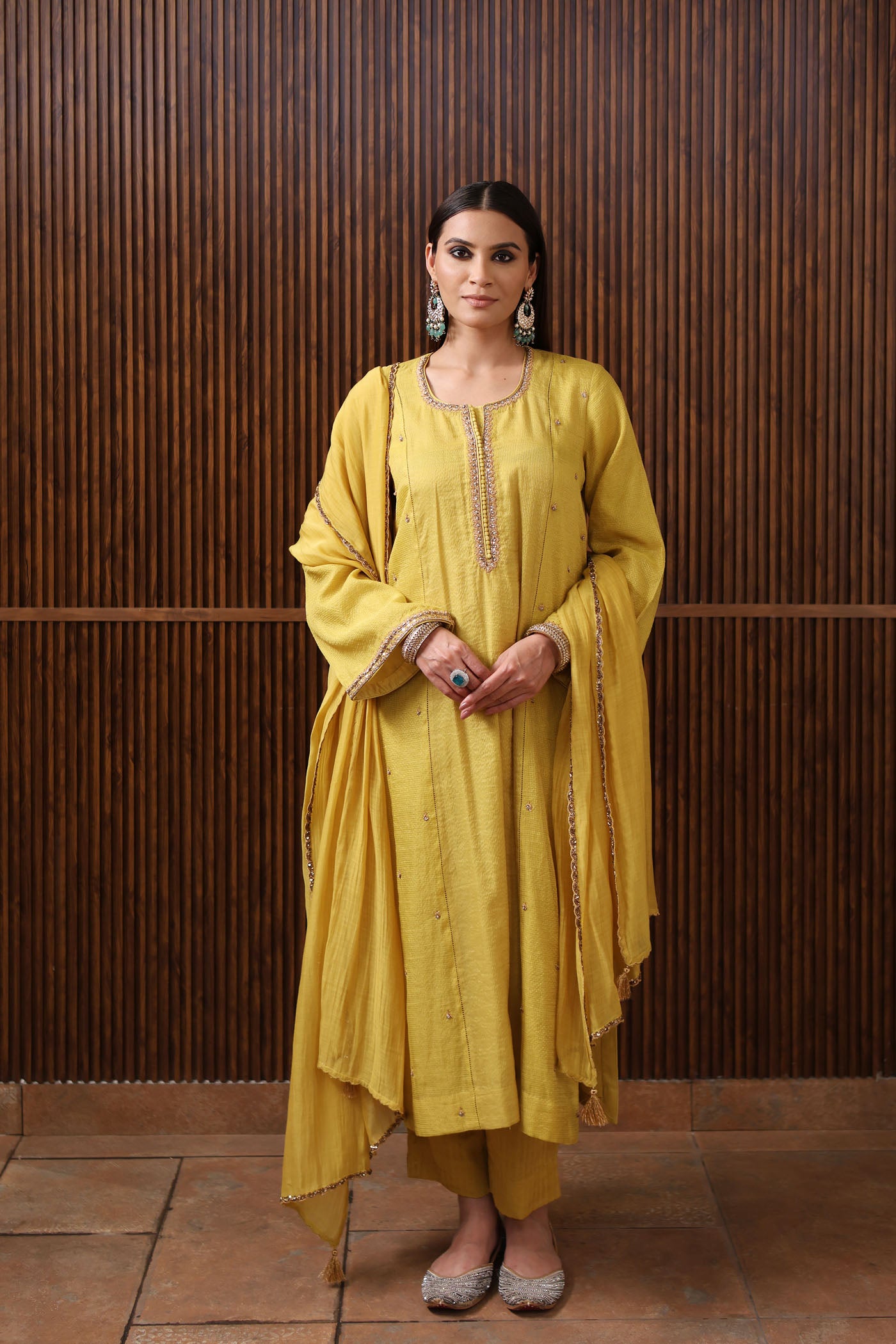 Lime-Green Hand-Embroidered Pure Silk- Cotton With Metallic Checks & Stripes Kurta-Pants Set