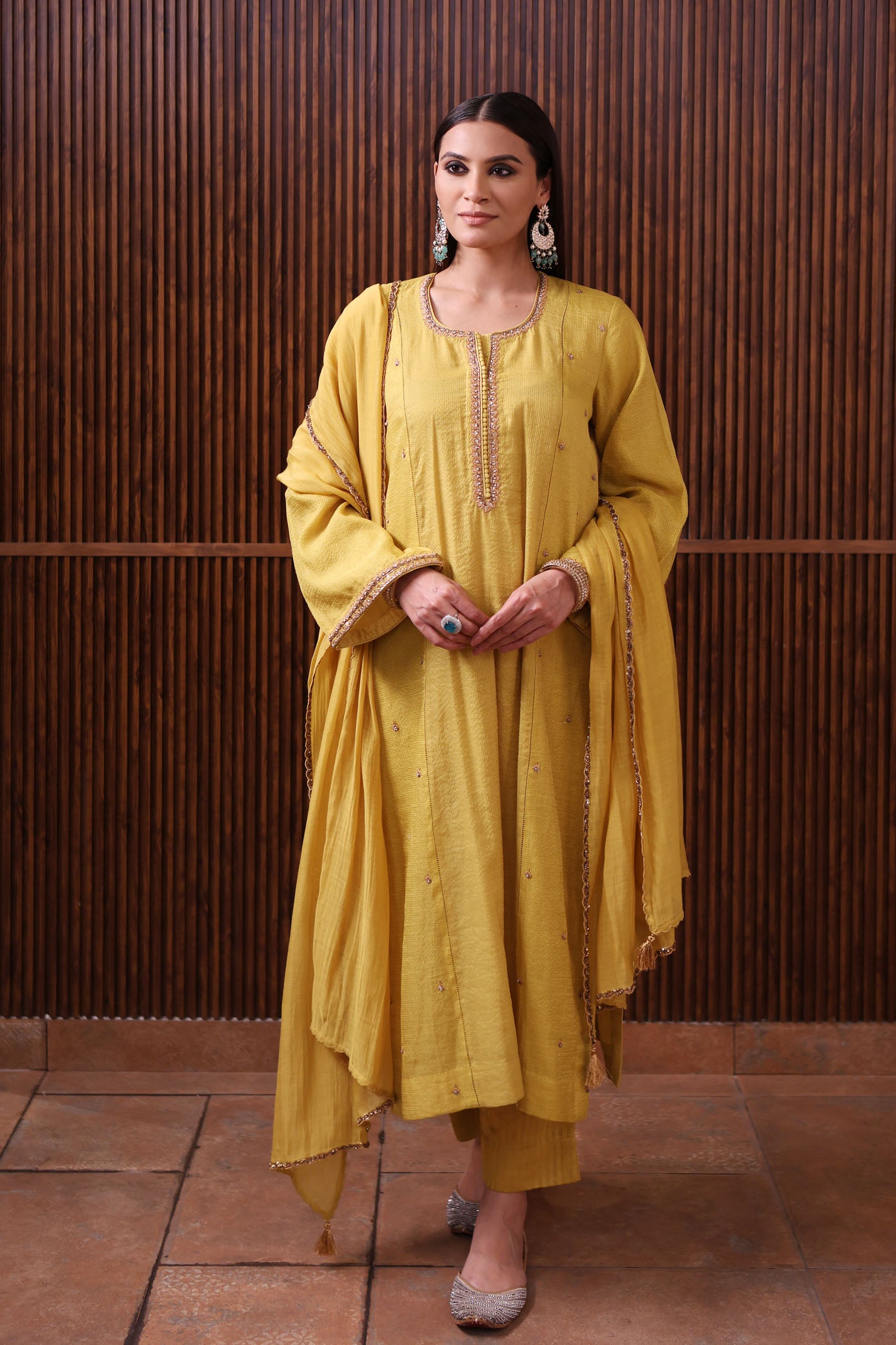 Lime-Green Hand-Embroidered Pure Silk- Cotton With Metallic Checks & Stripes Kurta-Pants Set