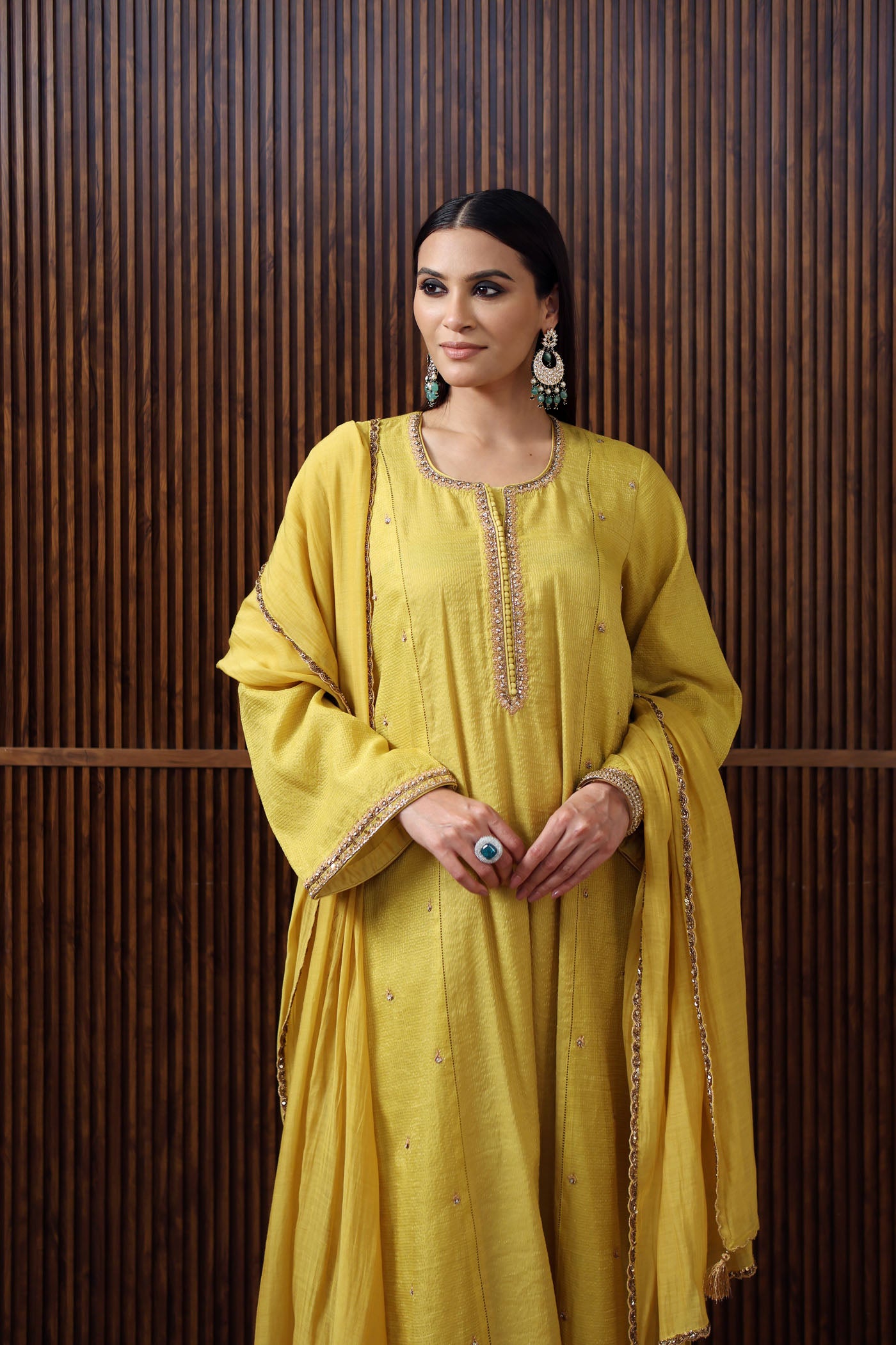 Lime-Green Hand-Embroidered Pure Silk- Cotton With Metallic Checks & Stripes Kurta-Pants Set