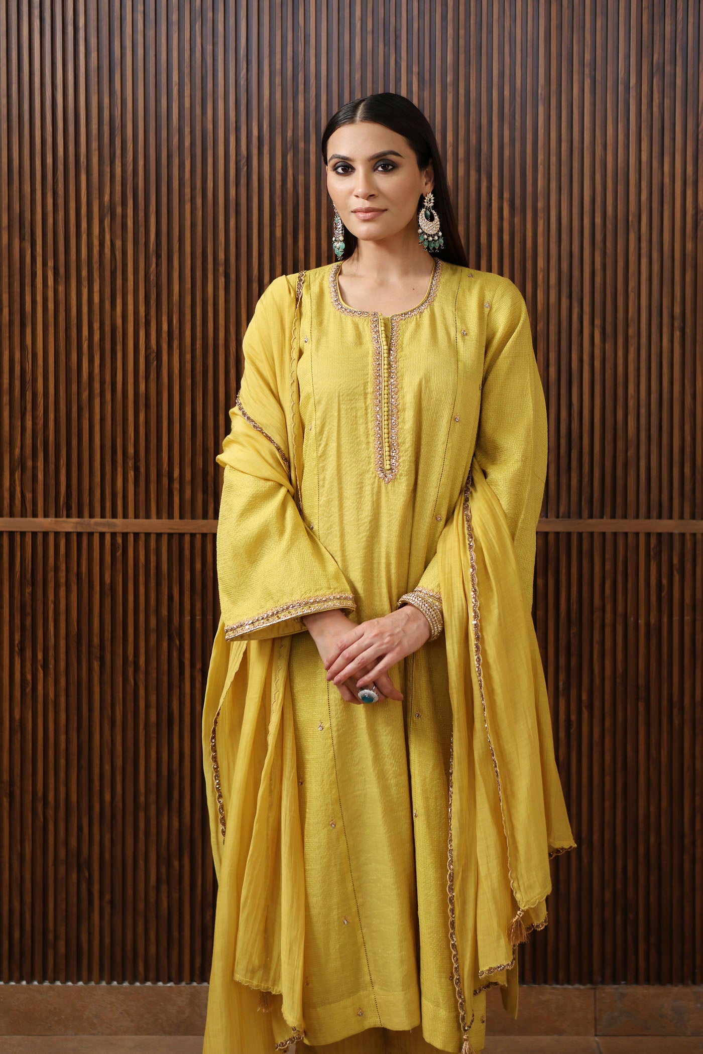 Lime-Green Hand-Embroidered Pure Silk- Cotton With Metallic Checks & Stripes Kurta-Pants Set