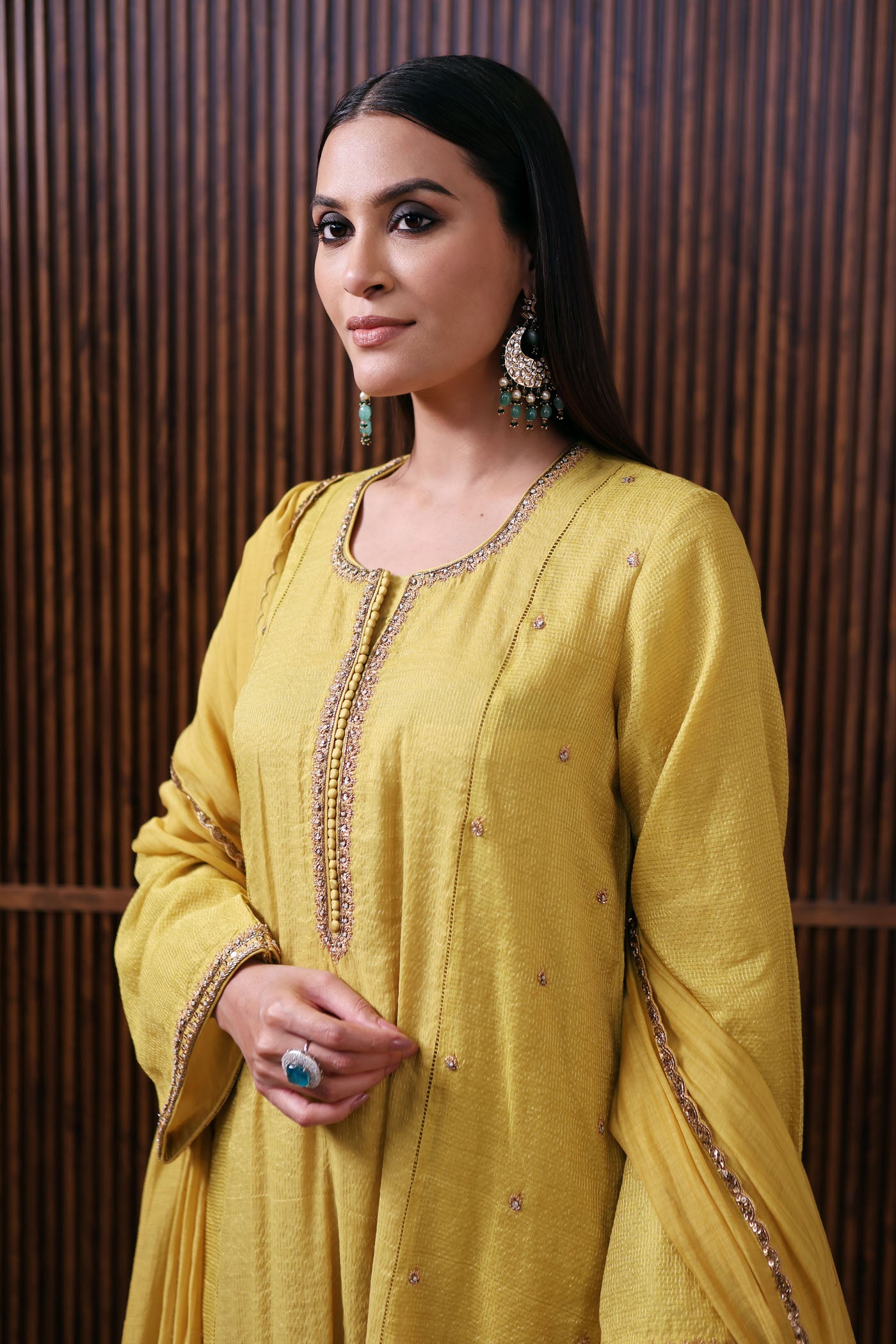 Lime-Green Hand-Embroidered Pure Silk- Cotton With Metallic Checks & Stripes Kurta-Pants Set