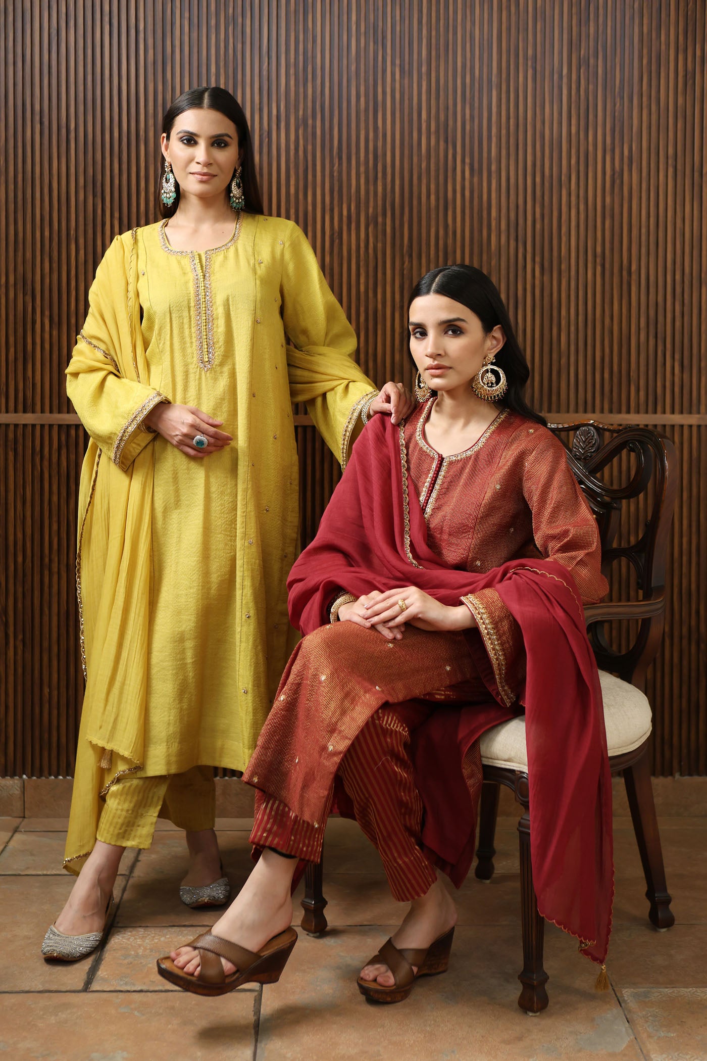 Lime-Green Hand-Embroidered Pure Silk- Cotton With Metallic Checks & Stripes Kurta-Pants Set