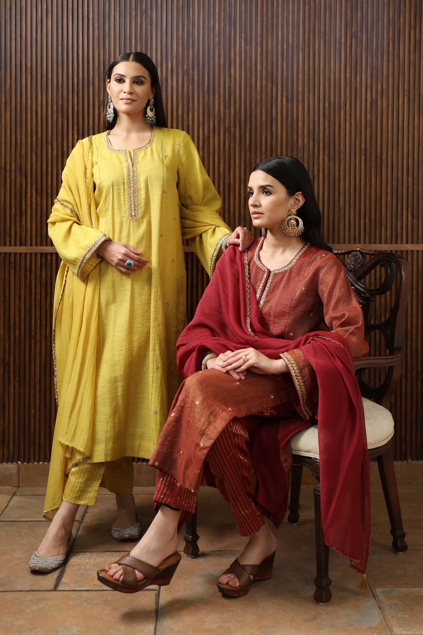 Maroon Hand-Embroidered Pure Silk-Cotton With Metallic Checks & Stripes Kurta-Pants Set