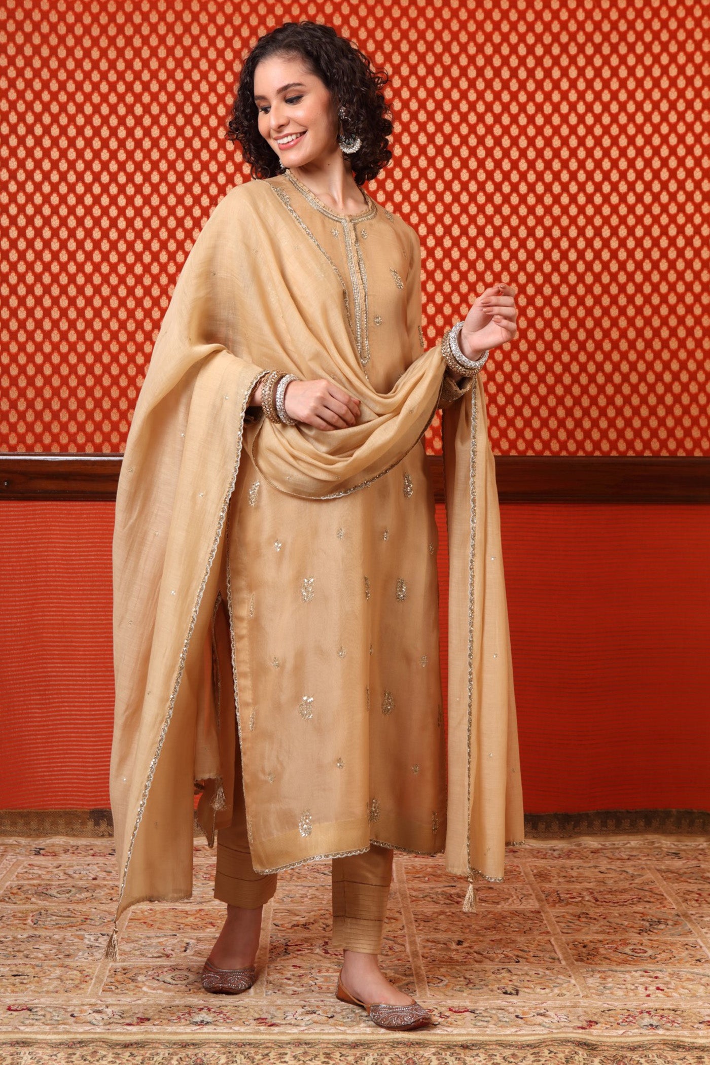 Hand Embroidered Sand Beige Pure Silk Organza Kurta Pants Set