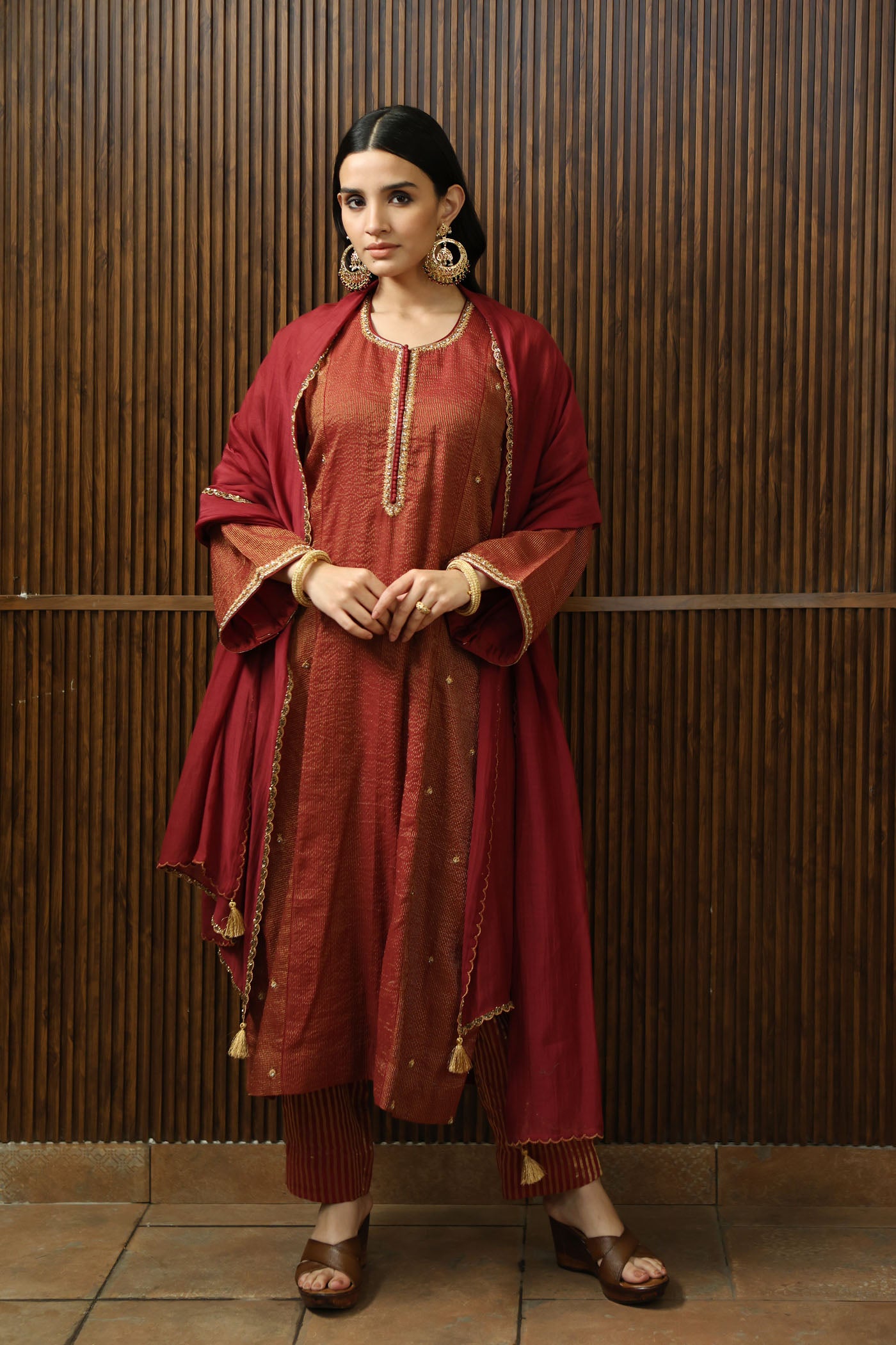 Maroon Hand-Embroidered Pure Silk-Cotton With Metallic Checks & Stripes Kurta-Pants Set