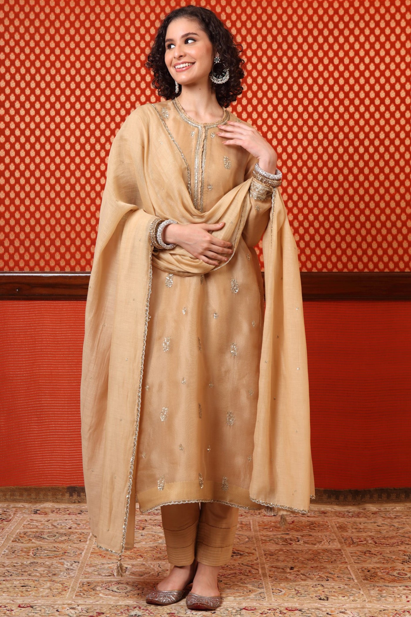 Hand Embroidered Sand Beige Pure Silk Organza Kurta Pants Set