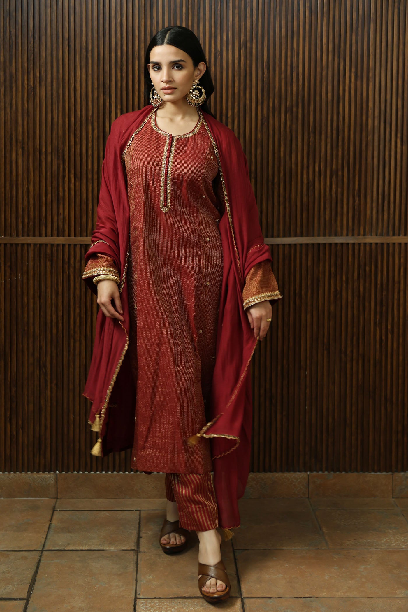Maroon Hand-Embroidered Pure Silk-Cotton With Metallic Checks & Stripes Kurta-Pants Set