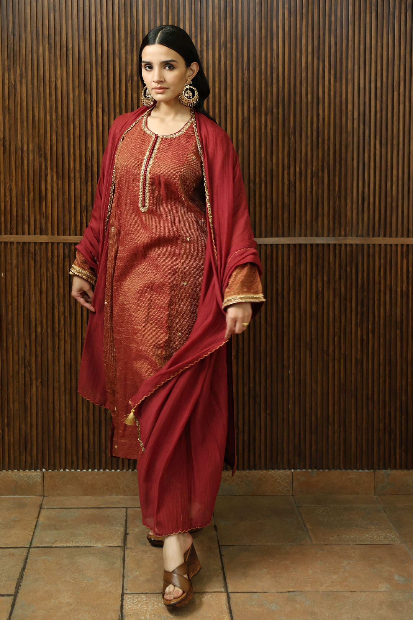 Maroon Hand-Embroidered Pure Silk-Cotton With Metallic Checks & Stripes Kurta-Pants Set