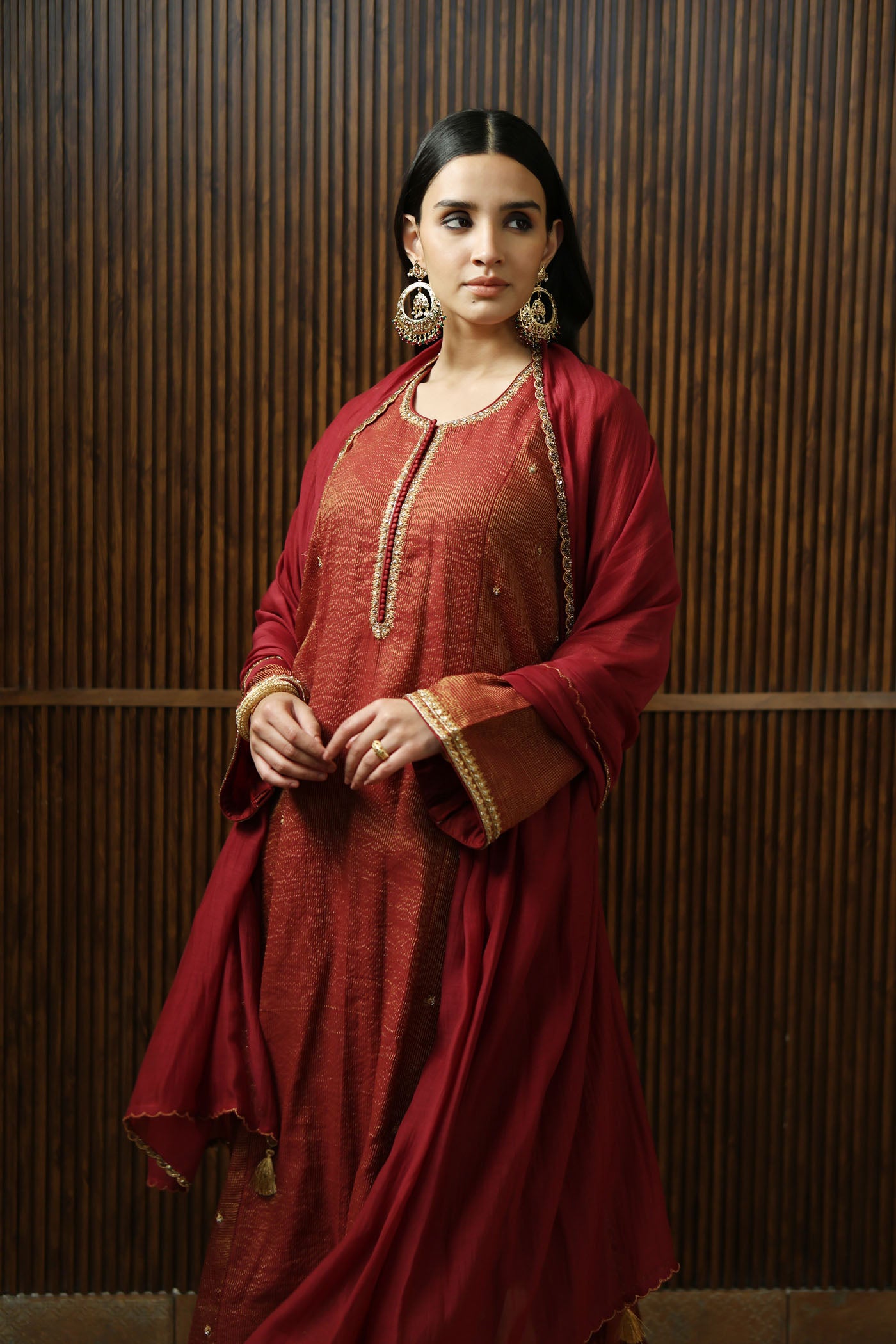 Maroon Hand-Embroidered Pure Silk-Cotton With Metallic Checks & Stripes Kurta-Pants Set