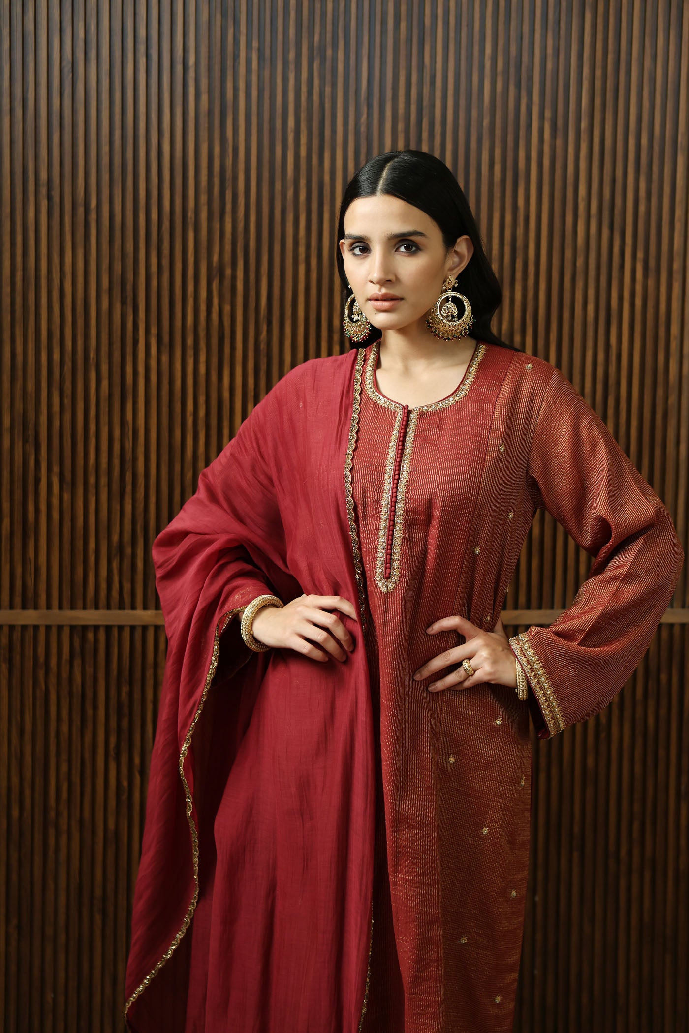 Maroon Hand-Embroidered Pure Silk-Cotton With Metallic Checks & Stripes Kurta-Pants Set