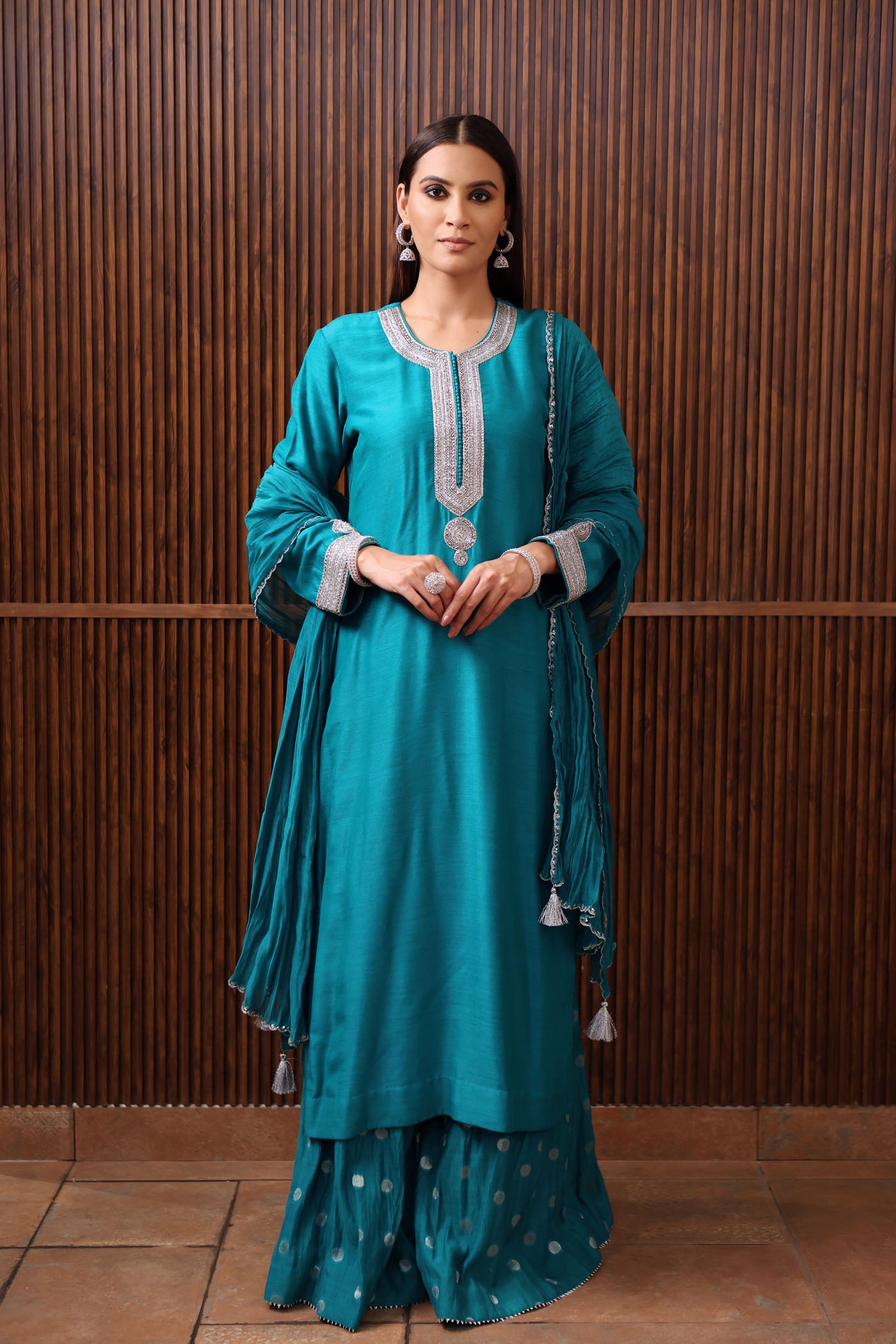 Peacock Blue-Embroidered Pure Muga-Silk Short-Kurta With Crushed Pure Silk-Cotton (Metallic Polka Dots) Sharara Set