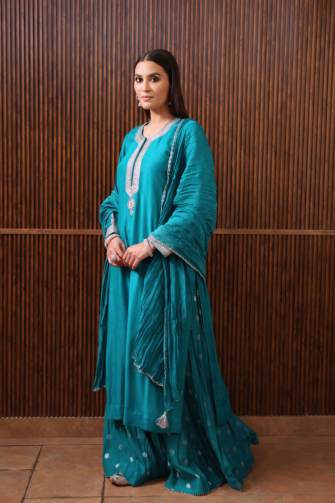 Peacock Blue-Embroidered Pure Muga-Silk Short-Kurta With Crushed Pure Silk-Cotton (Metallic Polka Dots) Sharara Set