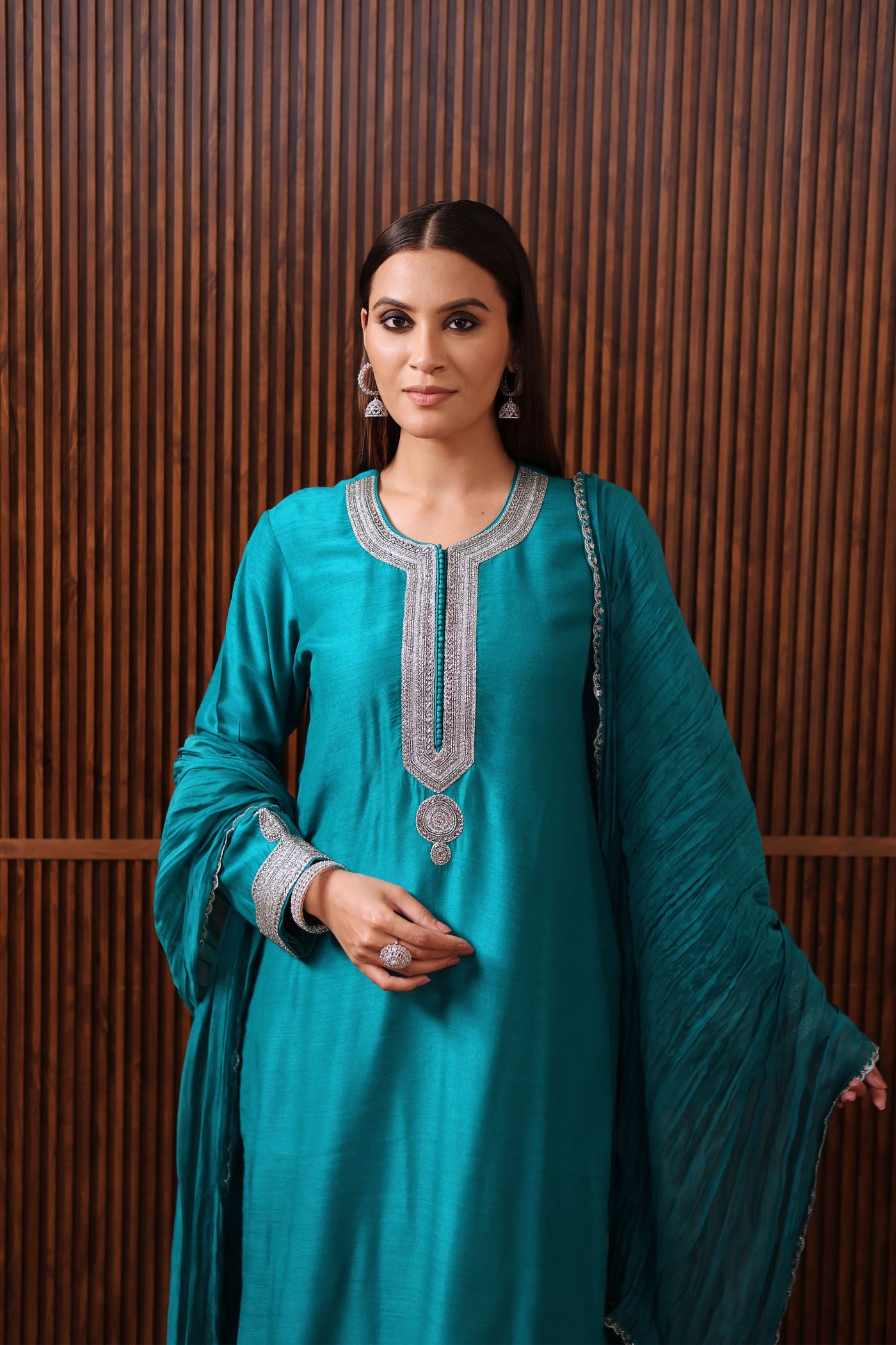 Peacock Blue-Embroidered Pure Muga-Silk Short-Kurta With Crushed Pure Silk-Cotton (Metallic Polka Dots) Sharara Set