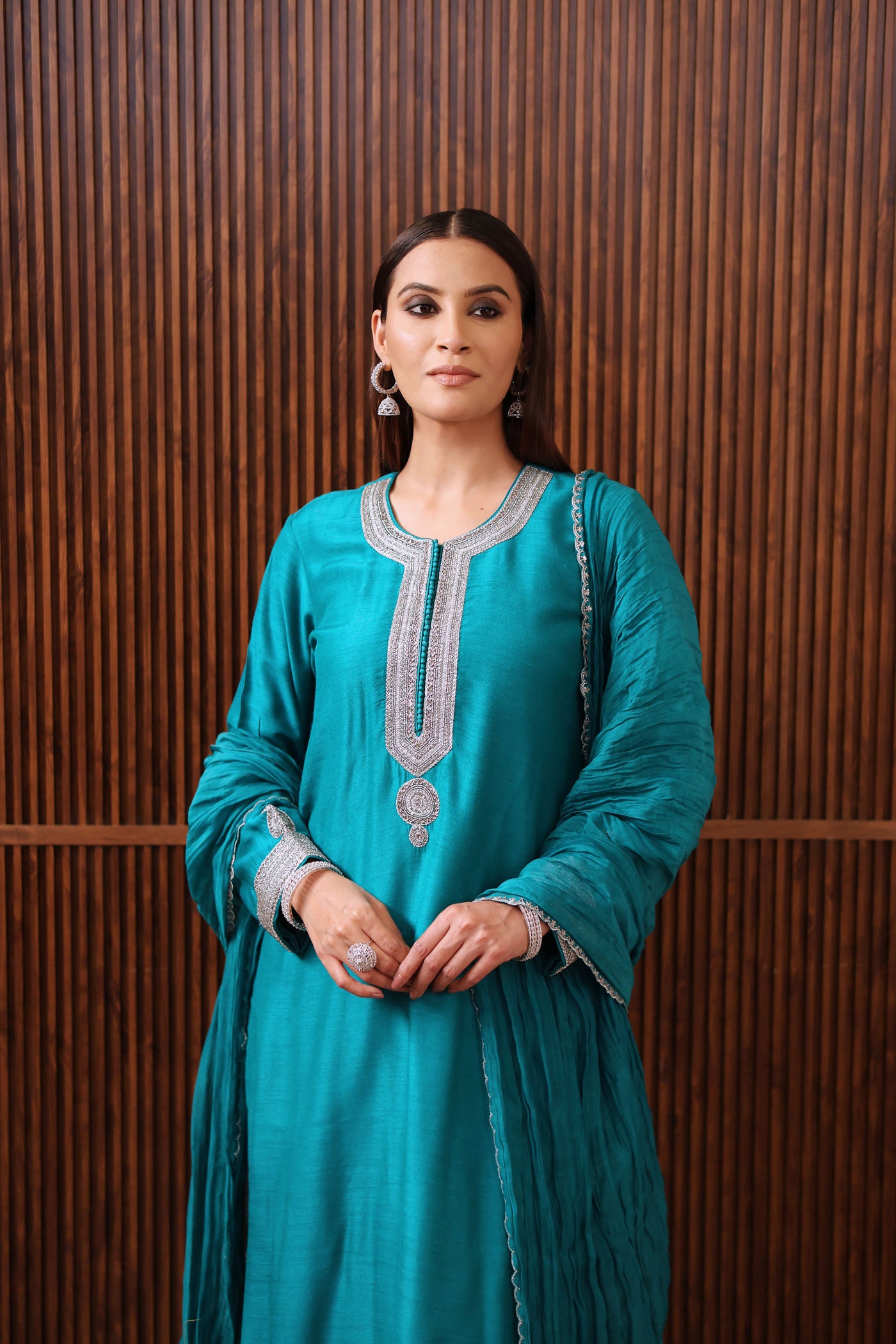 Peacock Blue-Embroidered Pure Muga-Silk Short-Kurta With Crushed Pure Silk-Cotton (Metallic Polka Dots) Sharara Set