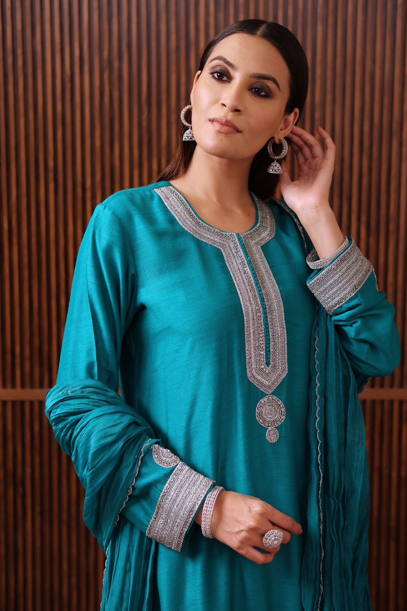 Peacock Blue-Embroidered Pure Muga-Silk Short-Kurta With Crushed Pure Silk-Cotton (Metallic Polka Dots) Sharara Set