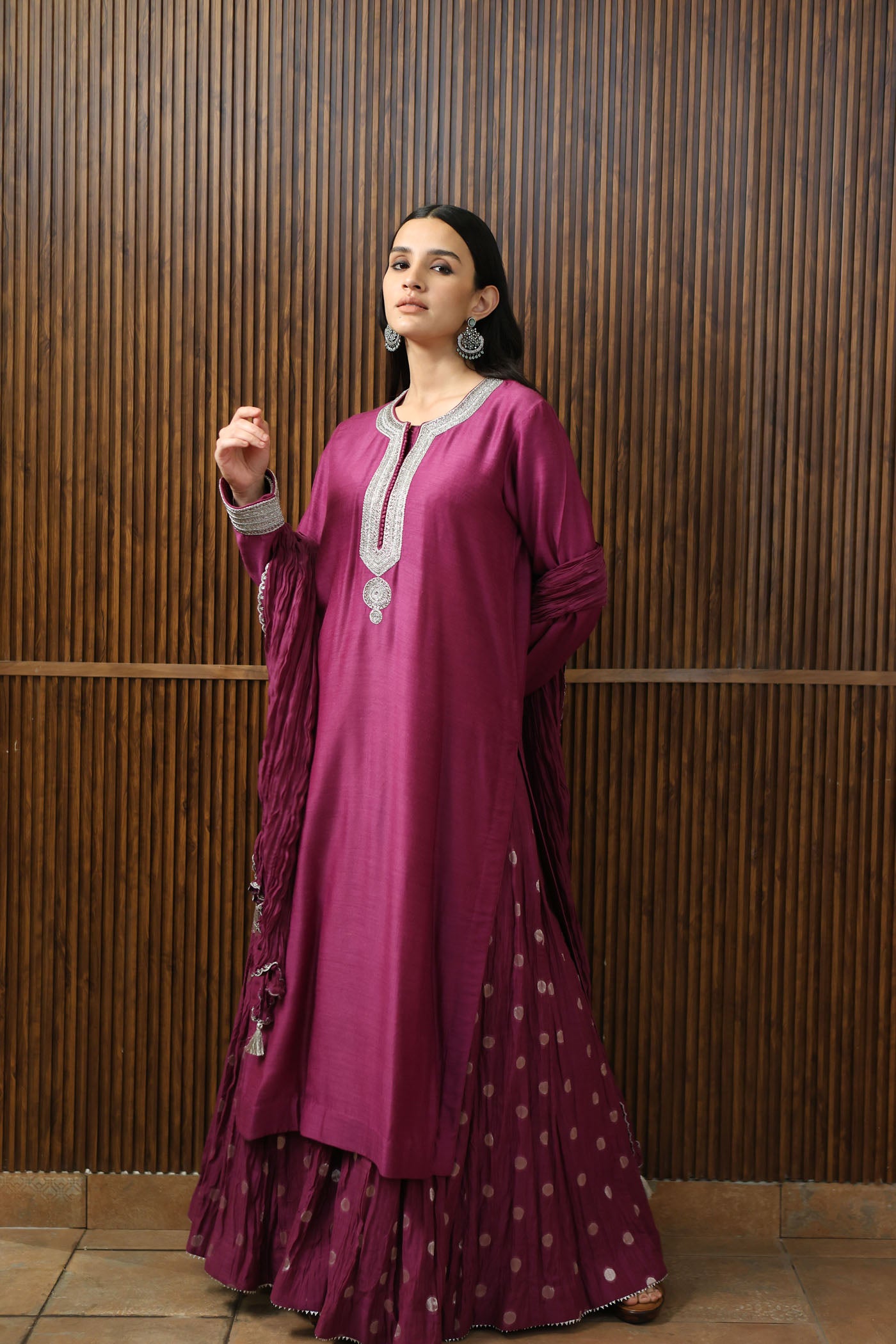 PURPLE HAND-EMBROIDERED PURE MUGA-SILK LONG-KURTA WITH CRUSHED PURE SILK-COTTON (METALLIC POLKA DOTS) SHARARA SET